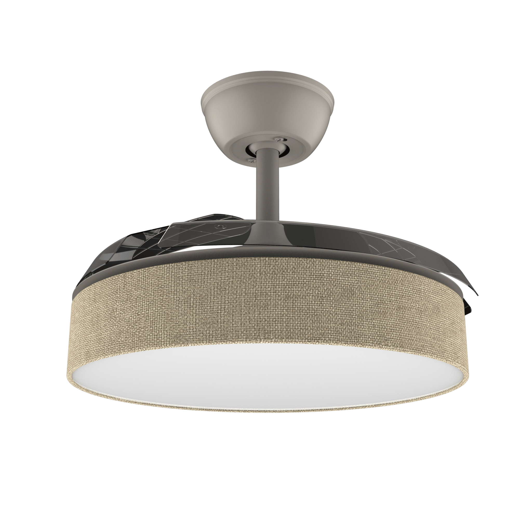 Ventilador de techo con pantalla de tela y luz integrada.