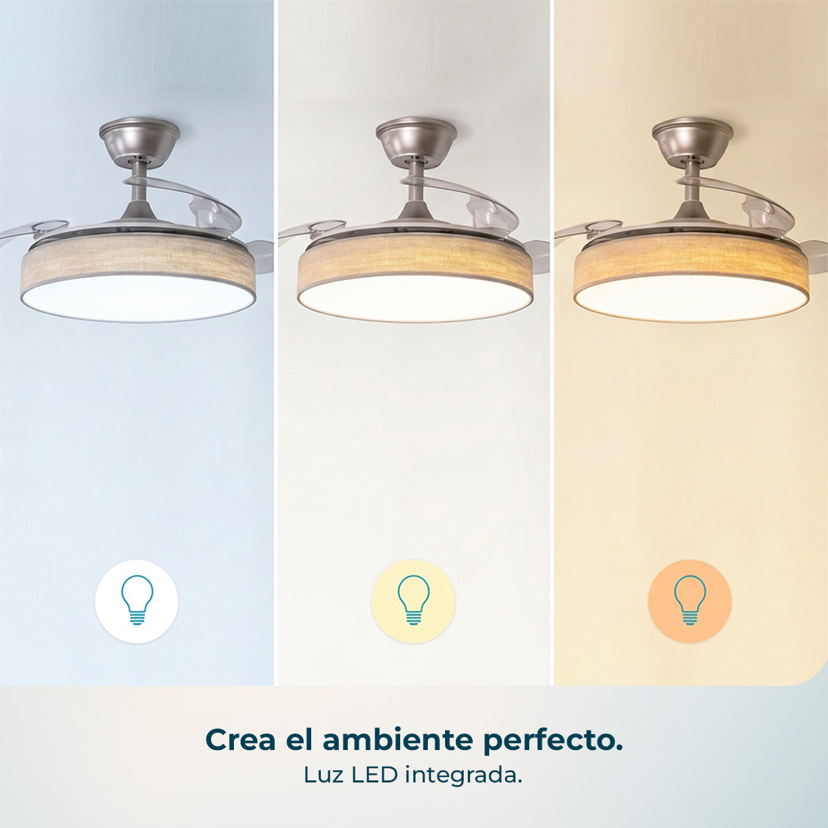 Ventilador de techo con luz LED integrada en tres tonos de luz diferentes.