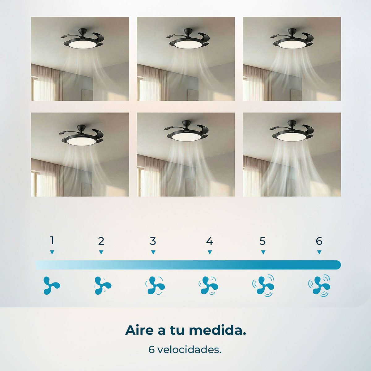Ventilador de techo con luz mostrando 6 velocidades.
