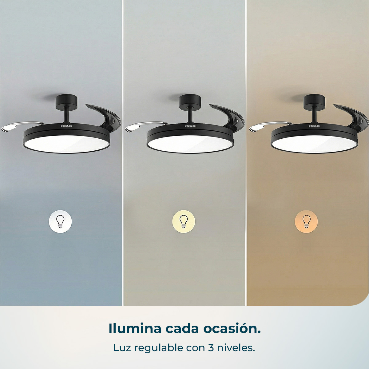 Ventilador de techo negro con luz en tres ajustes de brillo diferentes.