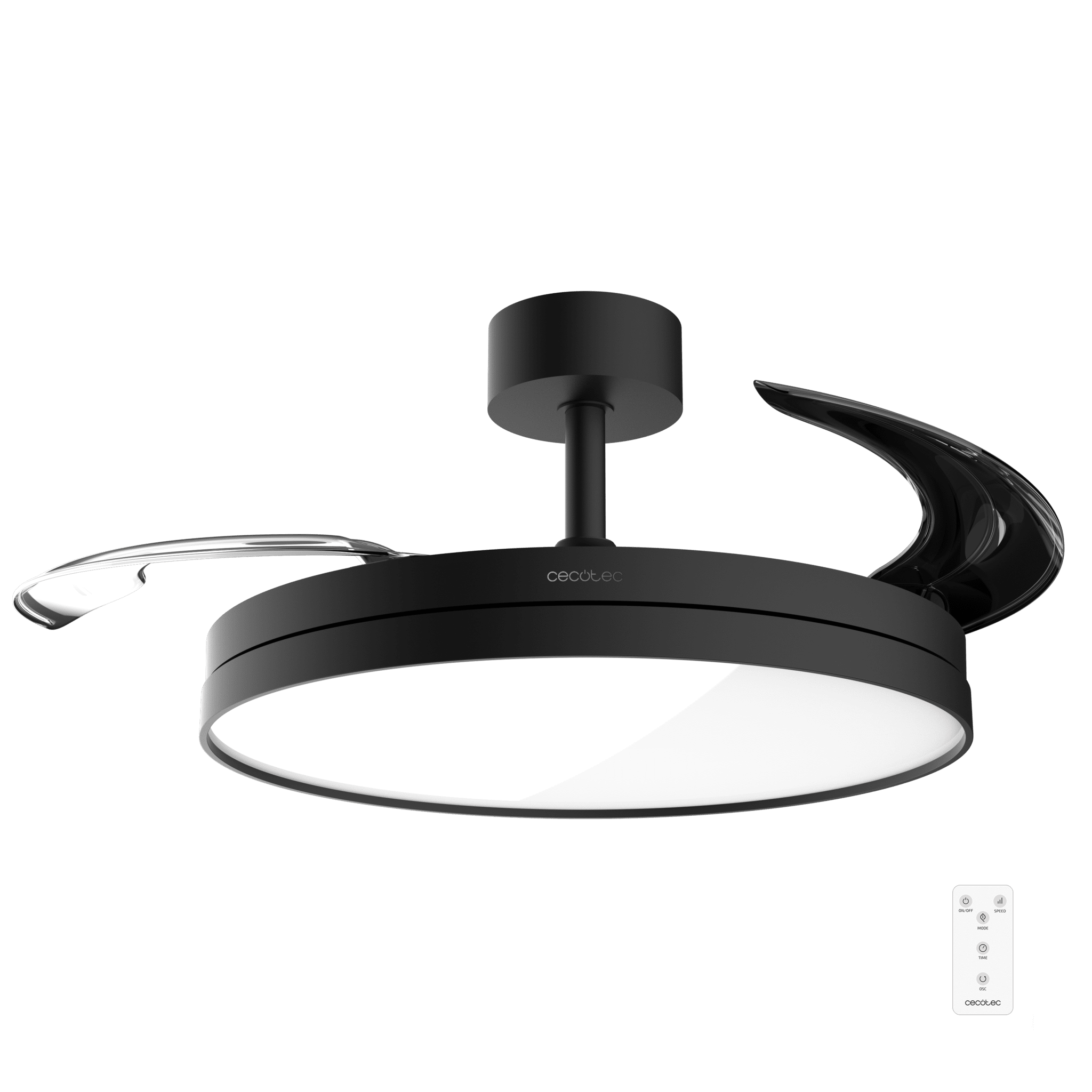 Ventilador de techo negro con luz integrada y mando a distancia.