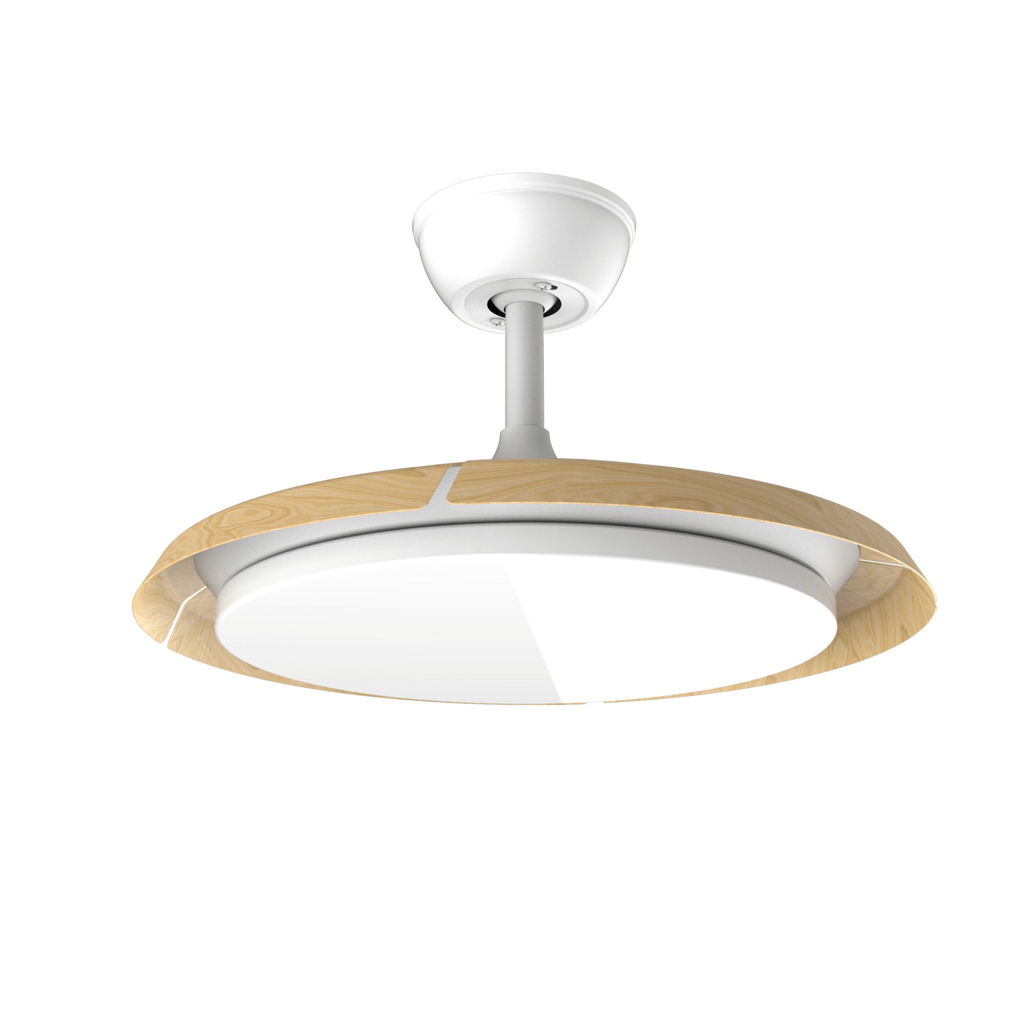 Una lámpara de techo blanca con borde de madera e iluminación integrada.