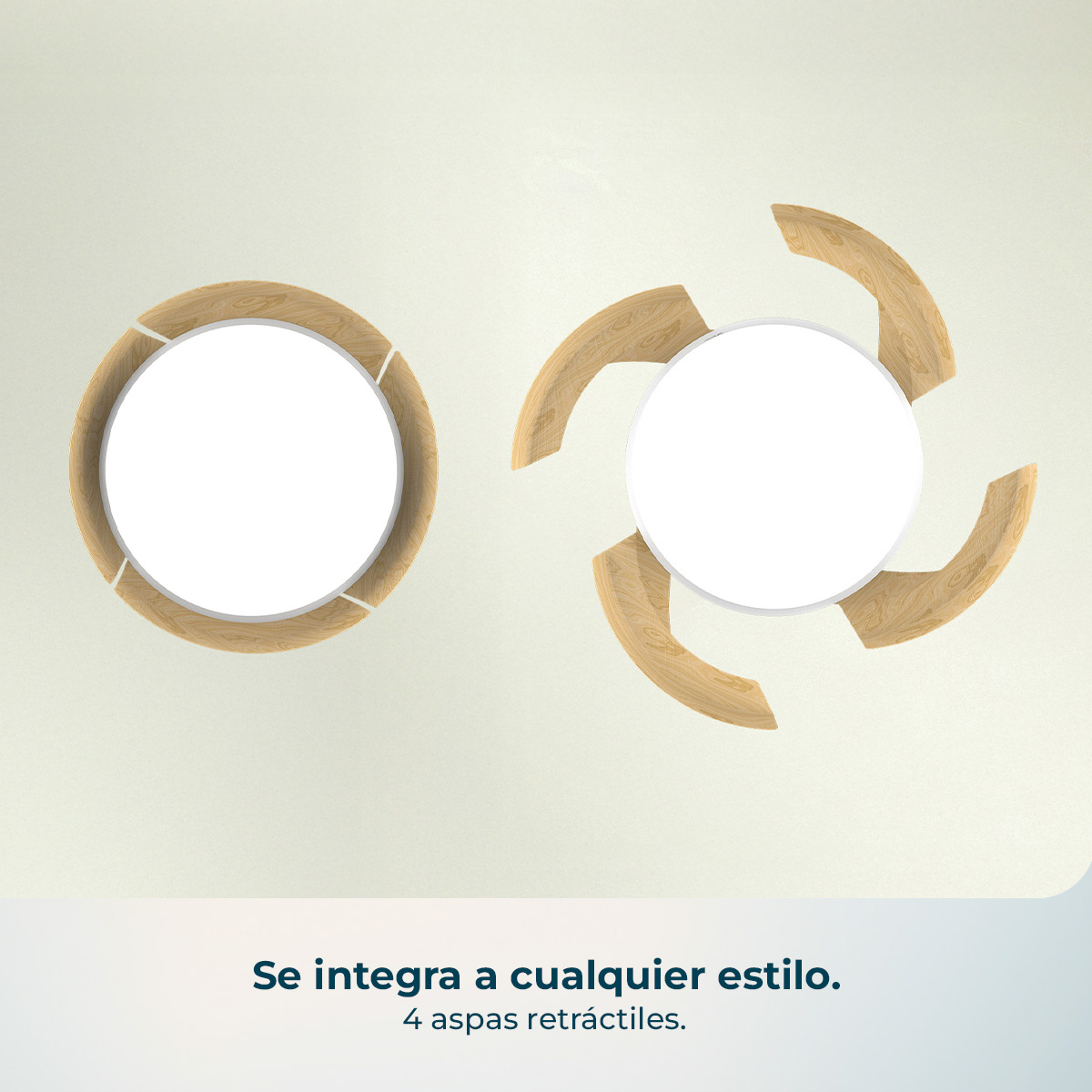 Dos objetos redondos con adornos de madera, uno abierto, uno con aspas retráctiles.