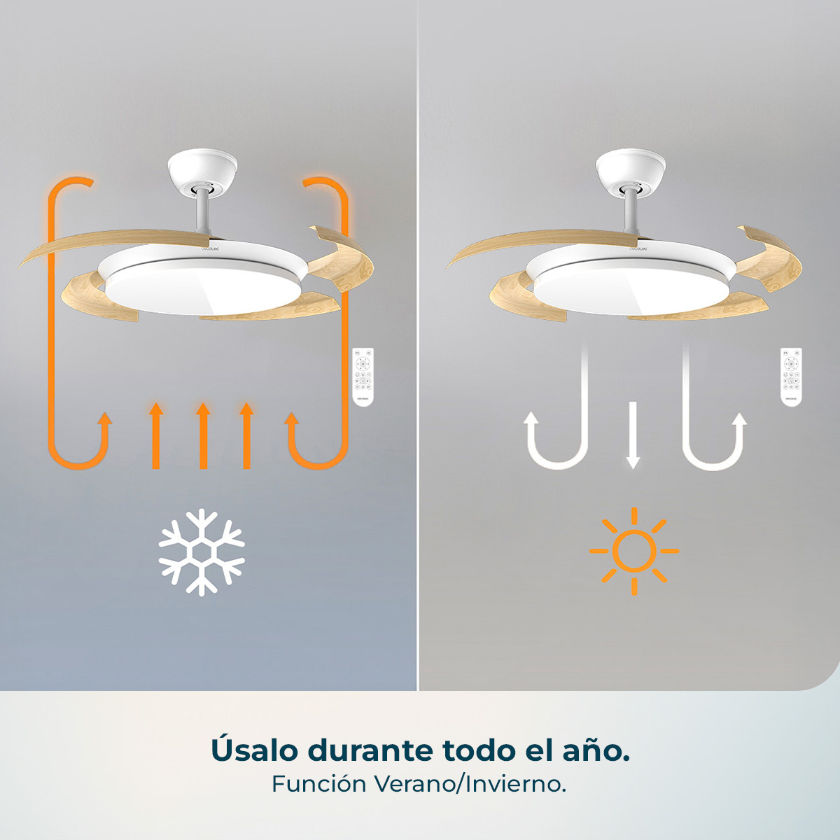 Ventilador de techo con detalles de madera, mostrando operación verano/invierno.