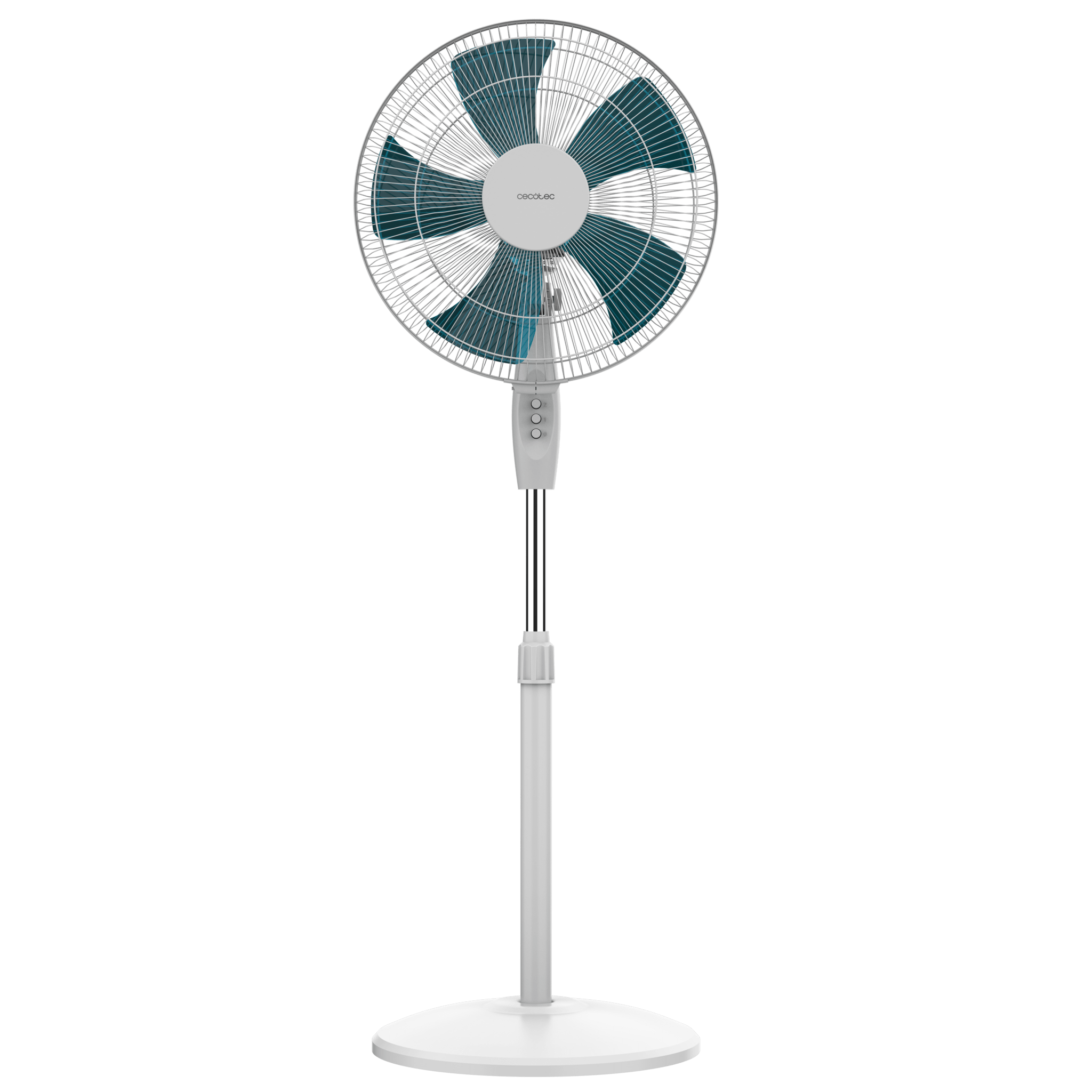 Un ventilador de pie blanco con aspas azules y poste plateado sobre base redonda.