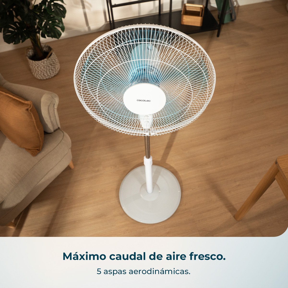 Un ventilador blanco de pie con rotor azul en una sala.