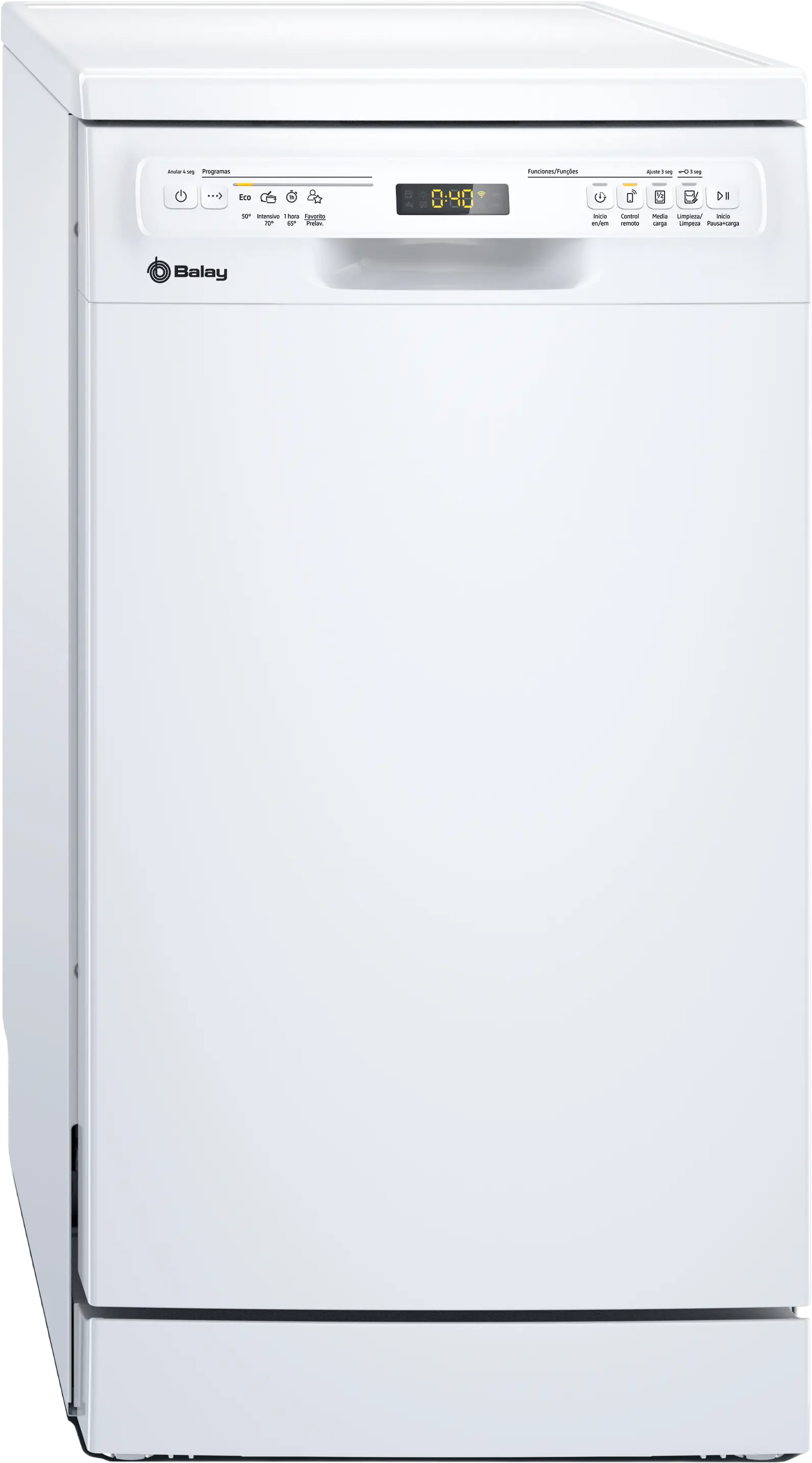 Un lavavajillas blanco con pantalla digital y botones de control al frente.