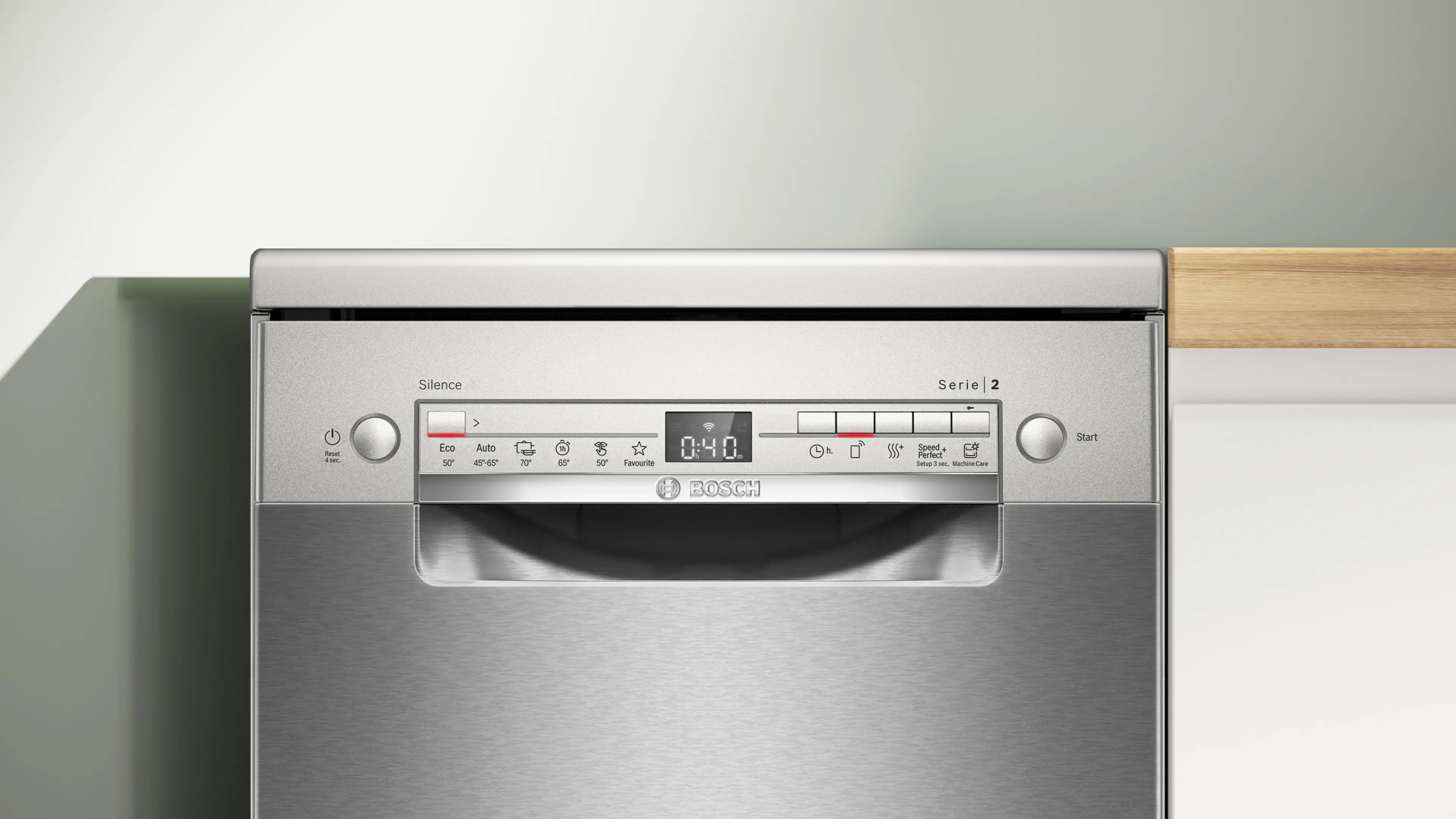 Lavavajillas de acero inoxidable con panel de control, "Serie 2" y logo "Bosch".