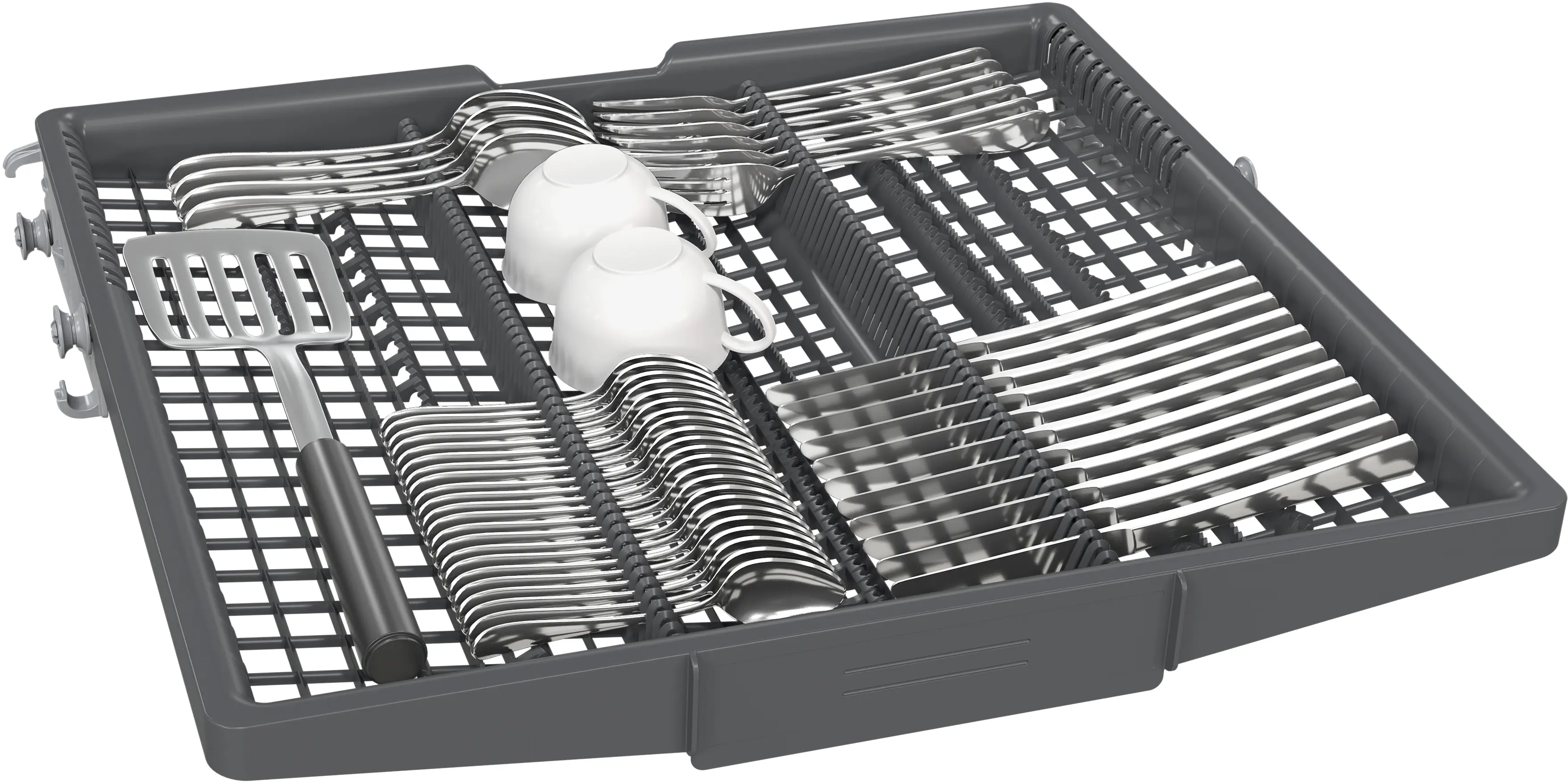 Cesta de cubiertos para lavavajillas con cucharas, tenedores, cuchillos, dos tazas y espátula.