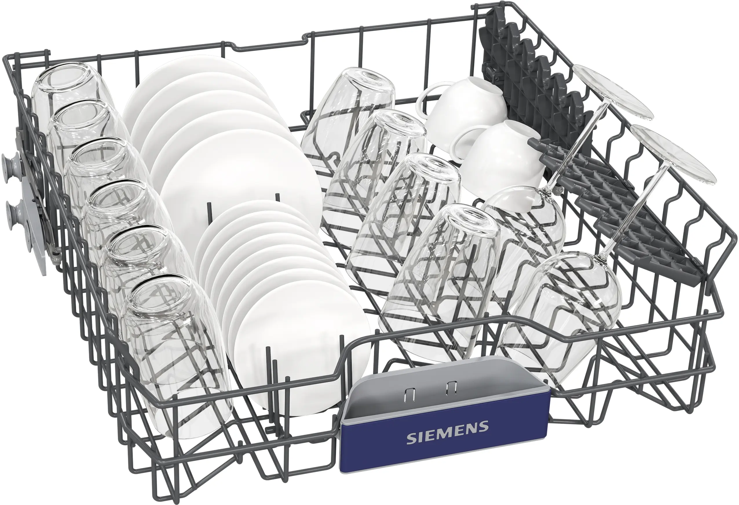 Cesta de lavavajillas con platos, vasos y tazas blancos. Logo Siemens al frente.