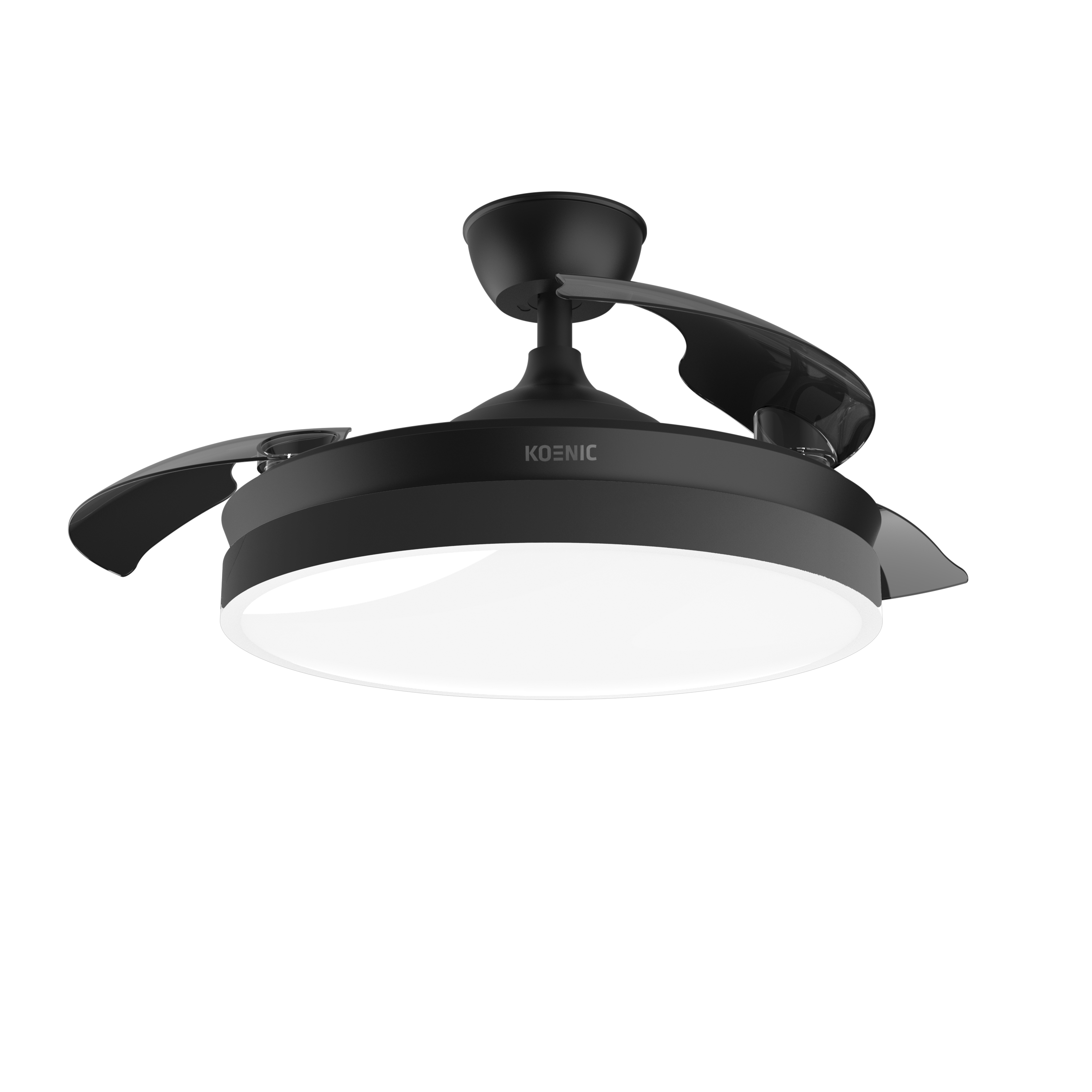 Ventilador de techo negro con aspas retráctiles y luz redonda.