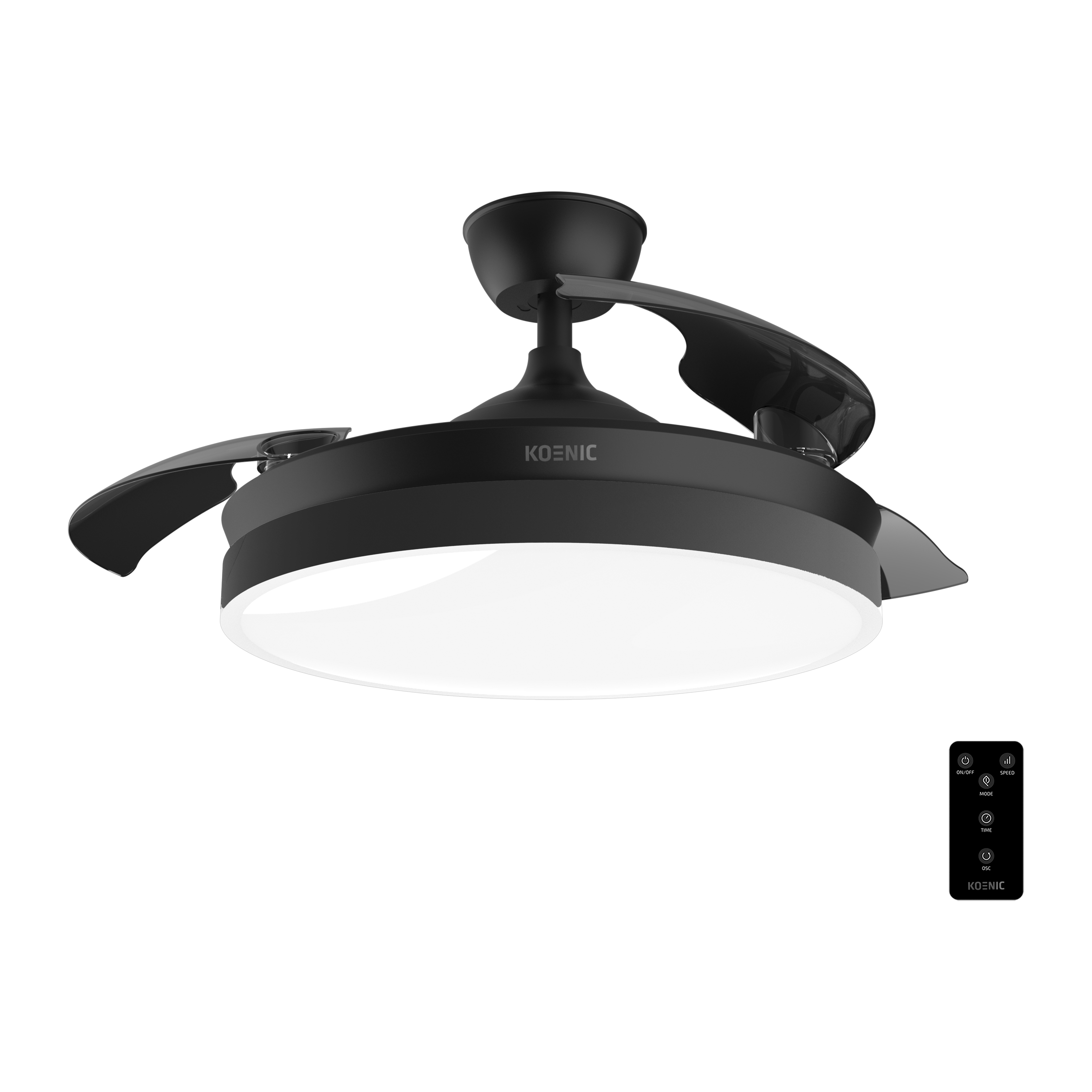 Ventilador de techo negro con luz y mando a distancia.
