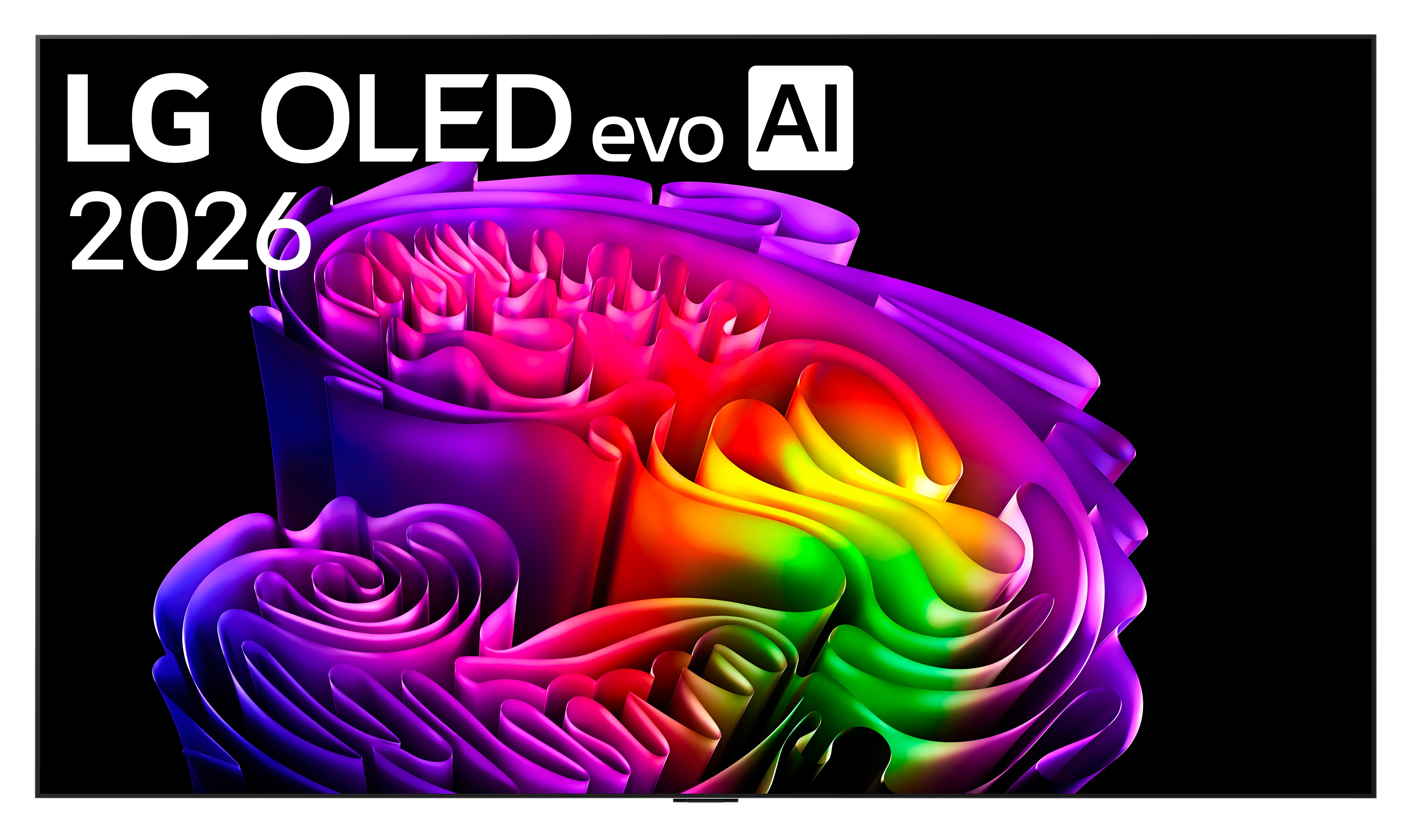 Tekst LG OLED evo AI 2026 na żywym, abstrakcyjnym, tęczowym wirze.
