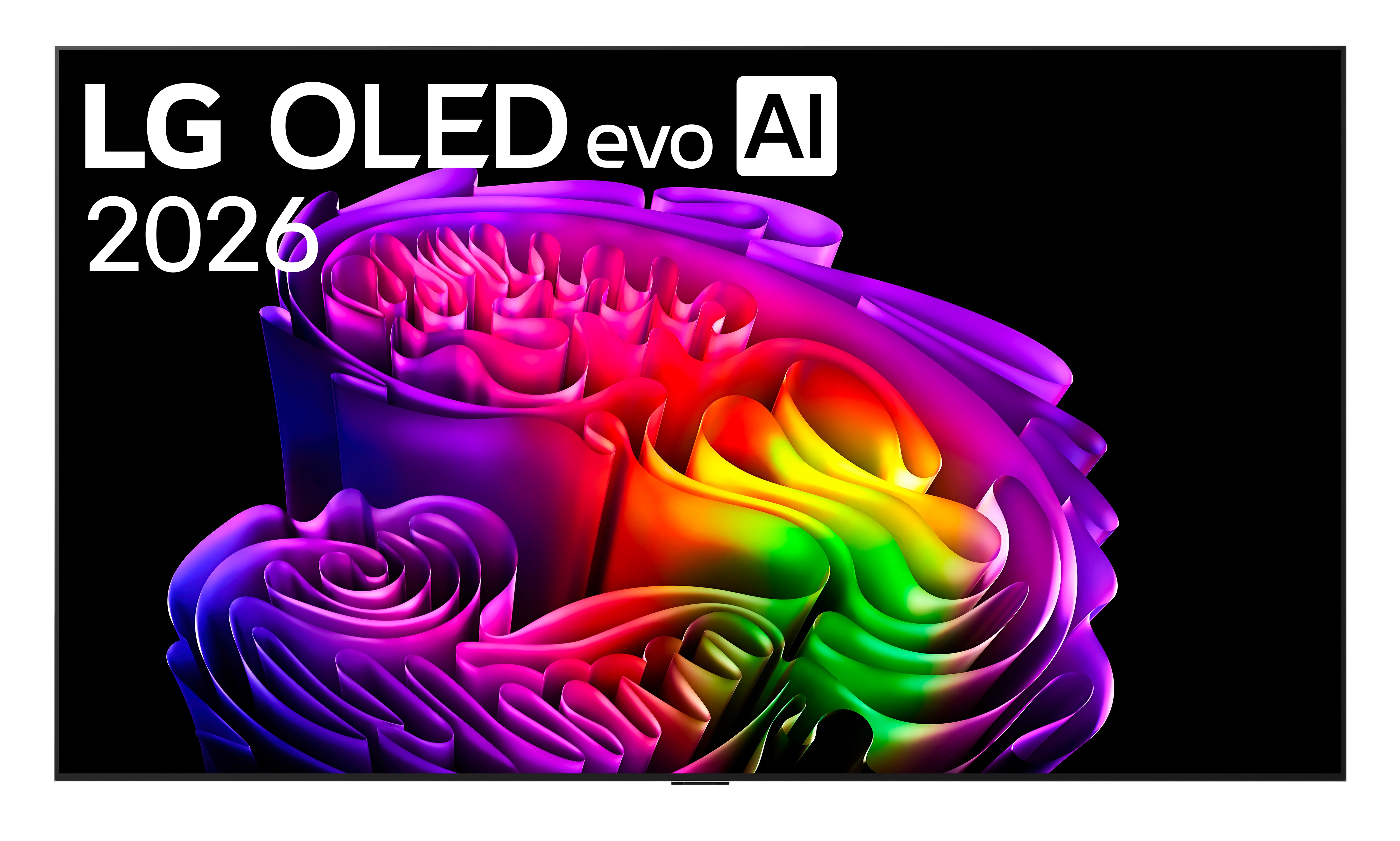 LG OLED evo AI 2026 na czarnym tle z kolorowymi, abstrakcyjnymi kształtami.