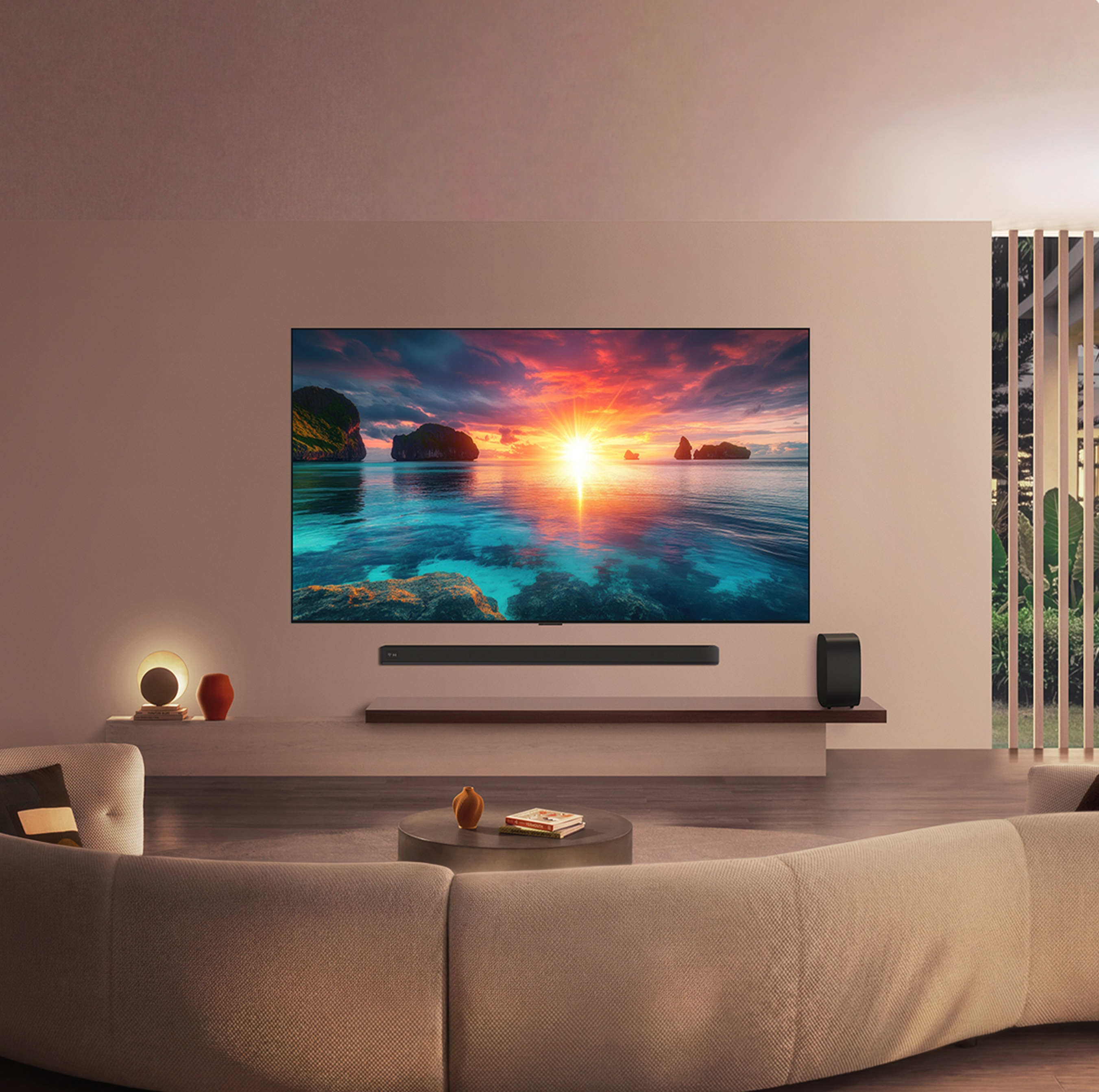 Nowoczesny salon z dużym telewizorem wyświetlającym zachód słońca nad oceanem. Sofa na pierwszym planie.