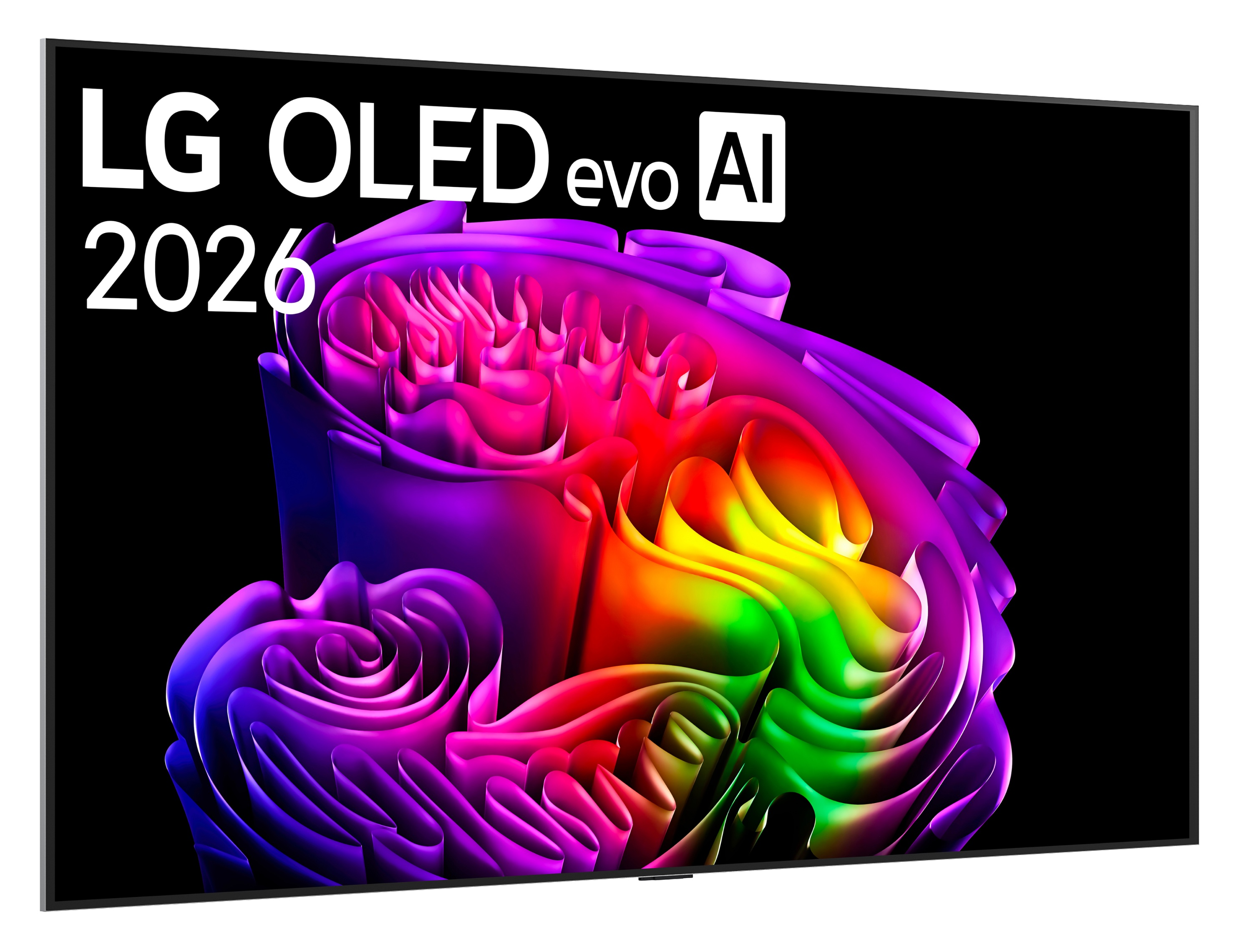 Napis LG OLED evo AI 2026 na abstrakcyjnym, kolorowym falistym kształcie.