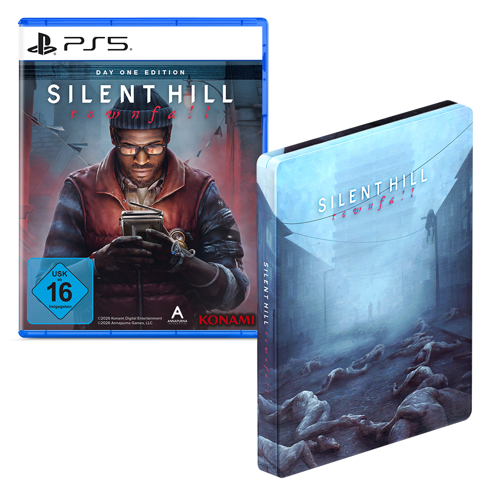 Silent Hill Townfall PS5 Spielhülle und Steelbook mit unheimlicher Grafik von leblosen Körpern.