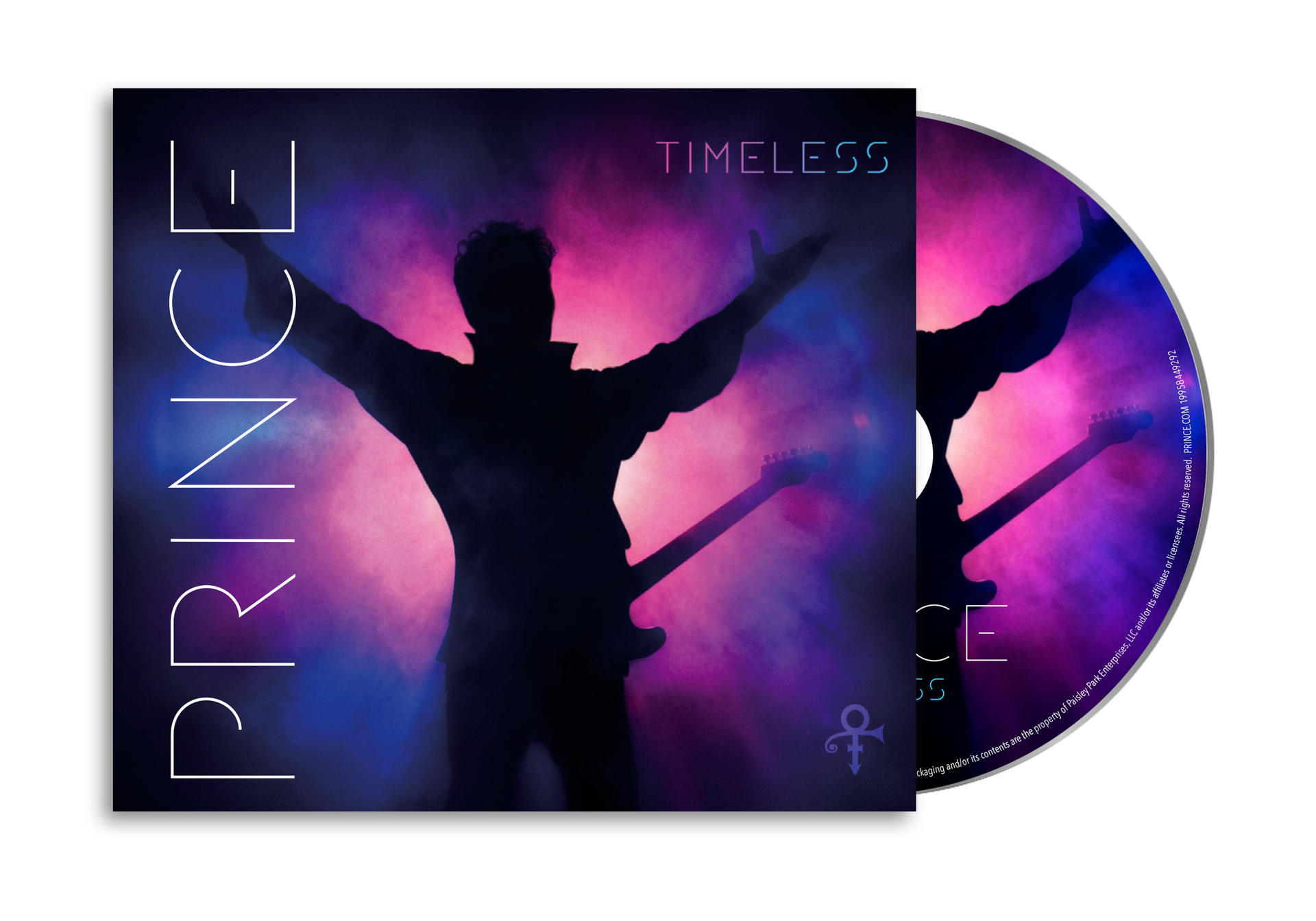 Prince-CD-Cover mit Silhouette eines Mannes mit Gitarre vor lila und blauem Rauch