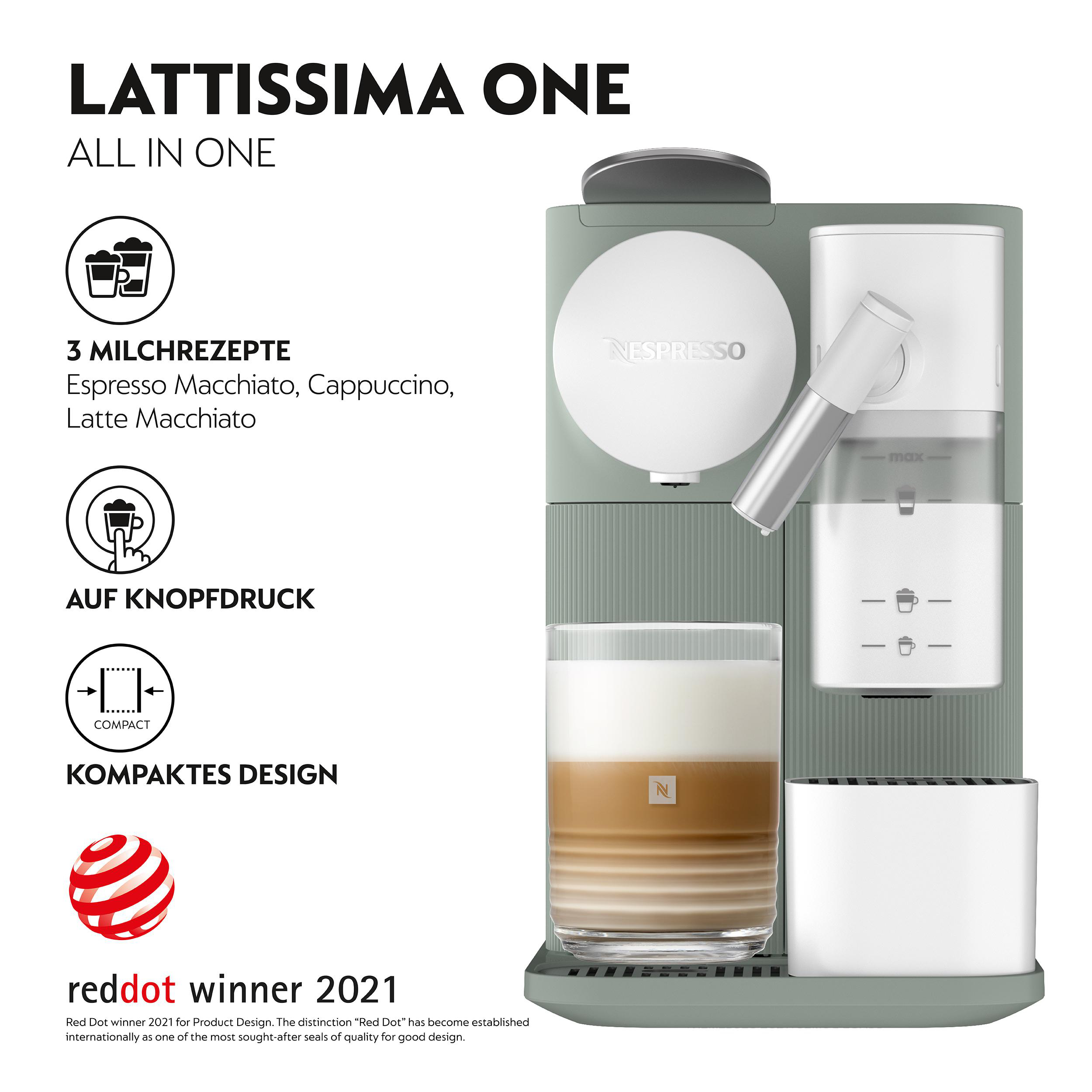 Grüne Nespresso Lattissima One Kaffeemaschine mit einem Glas Latte Macchiato.
