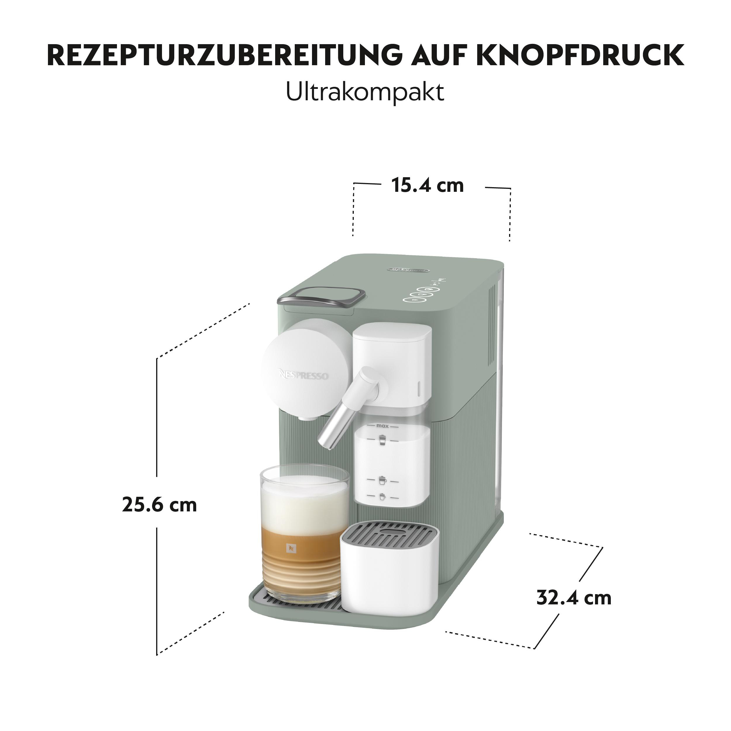 Eine mintgrüne Nespresso-Kaffeemaschine mit einem Glas Kaffee und Behältern.