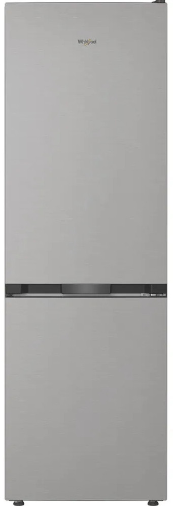 Elegancka srebrna lodówka z logo Whirlpool na górze.