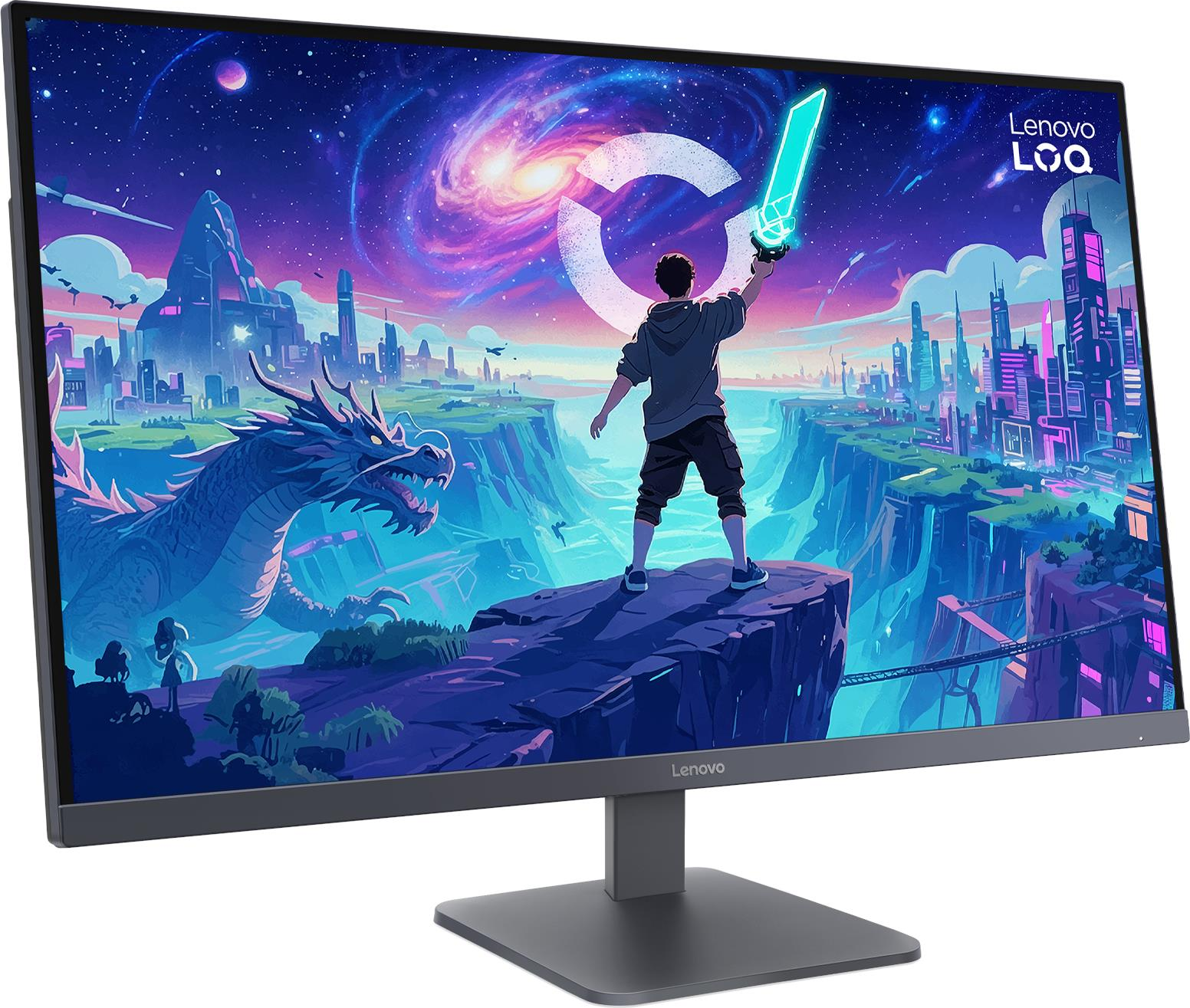 Un monitor mostra un'immagine fantasy spaziale colorata con drago, città e un ragazzo con spada.