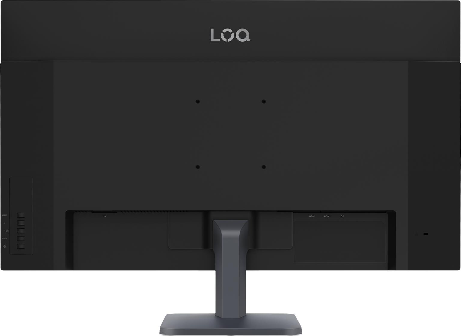 Vista posteriore di un monitor nero con logo LOQ, porte e supporto.