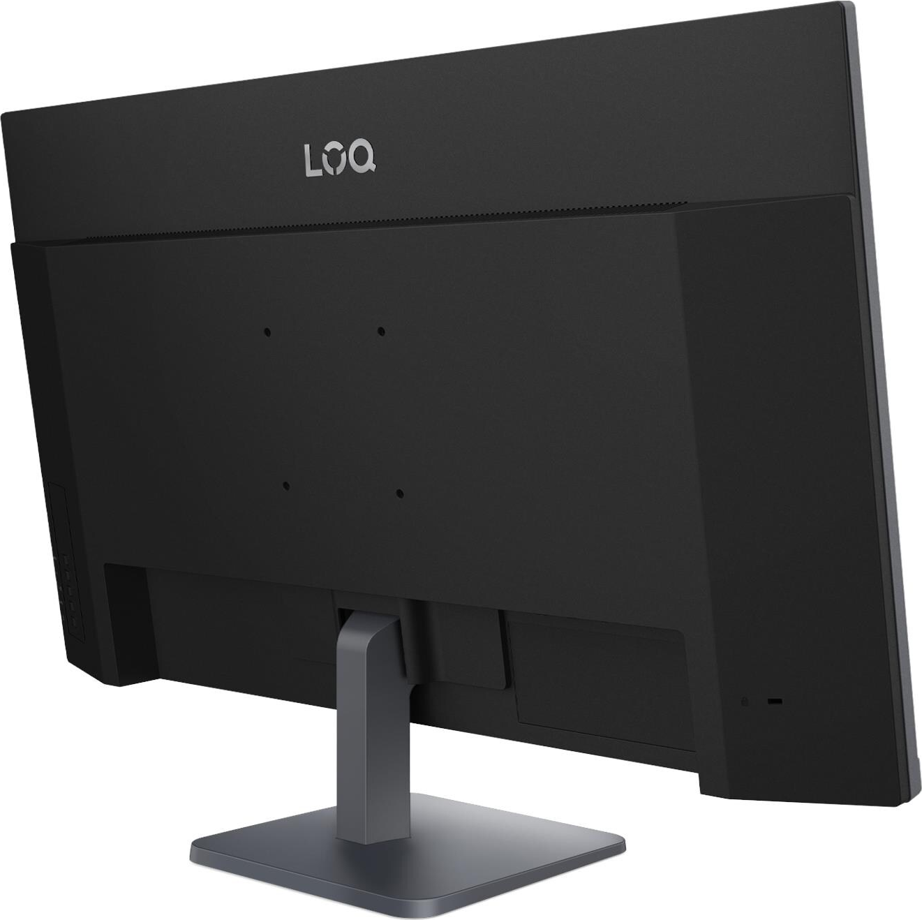 Vista posteriore di un monitor nero con supporto argentato e logo LOQ.