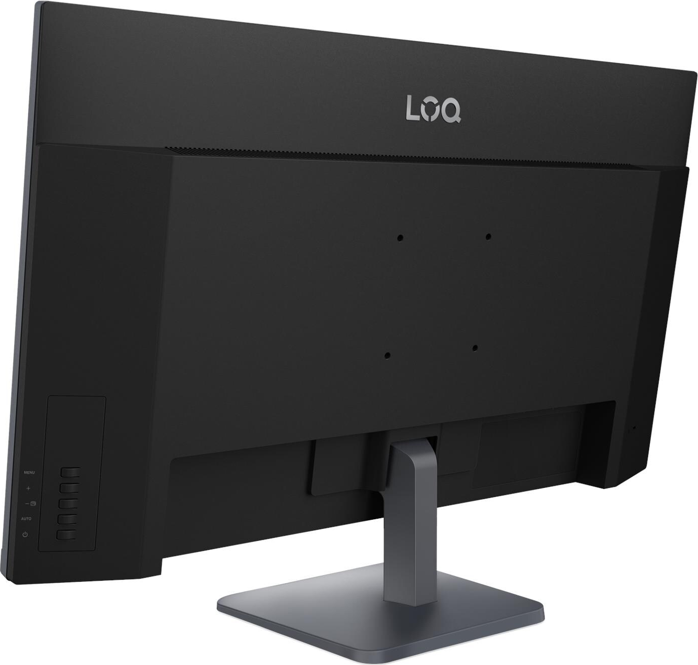 Retro di un monitor nero con logo LOQ e pulsanti laterali.