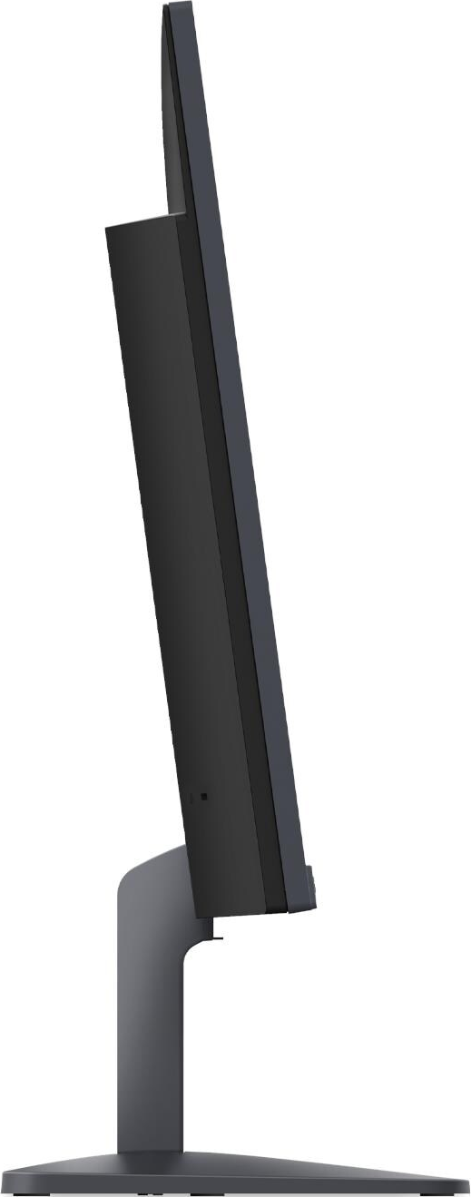 Un monitor di computer nero con cornice sottile su un supporto, visto di lato.