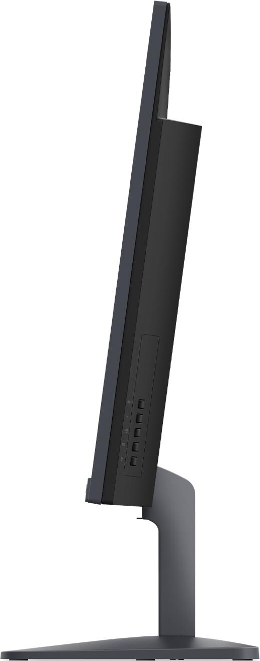 Monitor nero con cornice sottile, vista laterale su supporto grigio.