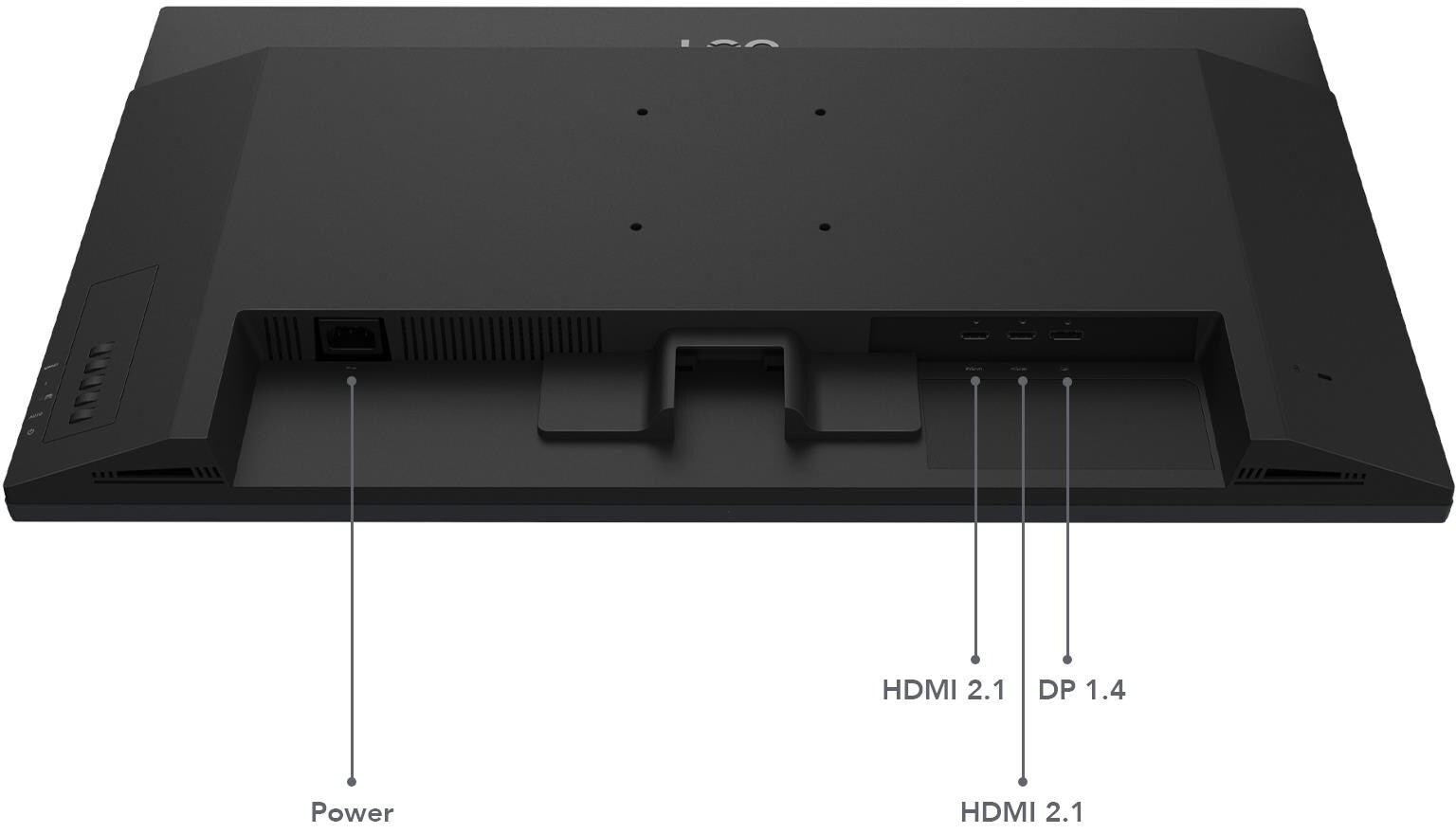 Vista posteriore di un monitor nero che mostra porte di alimentazione, HDMI 2.1 e DP 1.4.