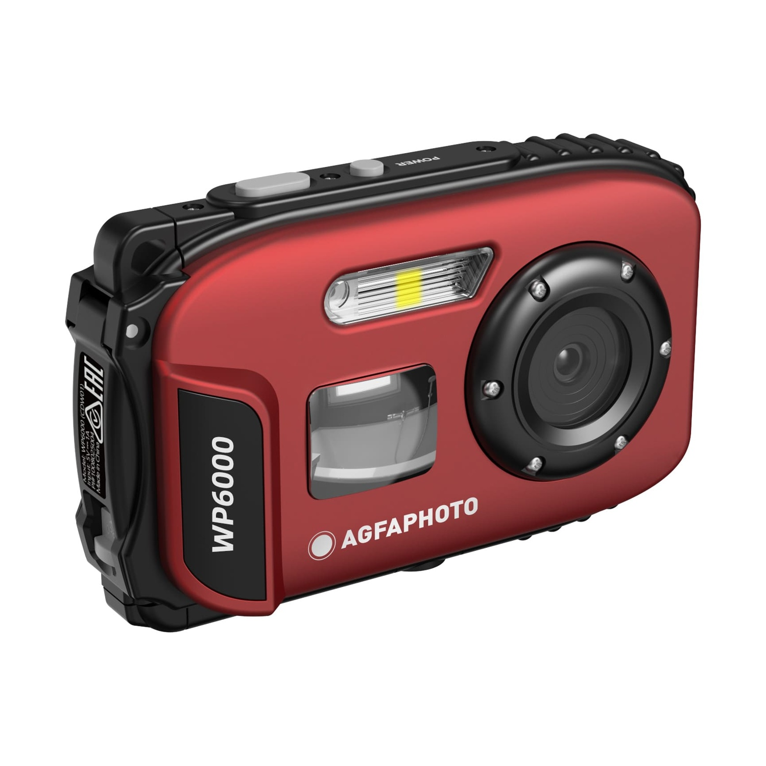 Fotocamera AgfaPhoto WP6000 rossa con obiettivo, flash e pulsanti. Isolato su bianco.