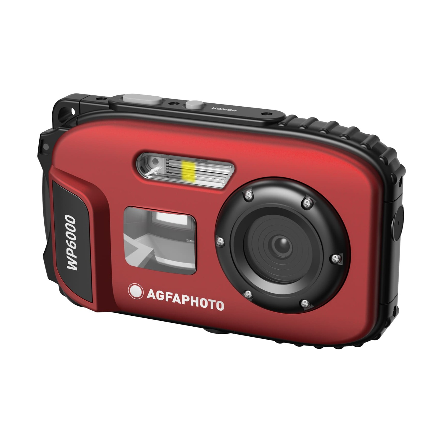 Fotocamera AgfaPhoto WP6000 rossa con obiettivo e flash neri.