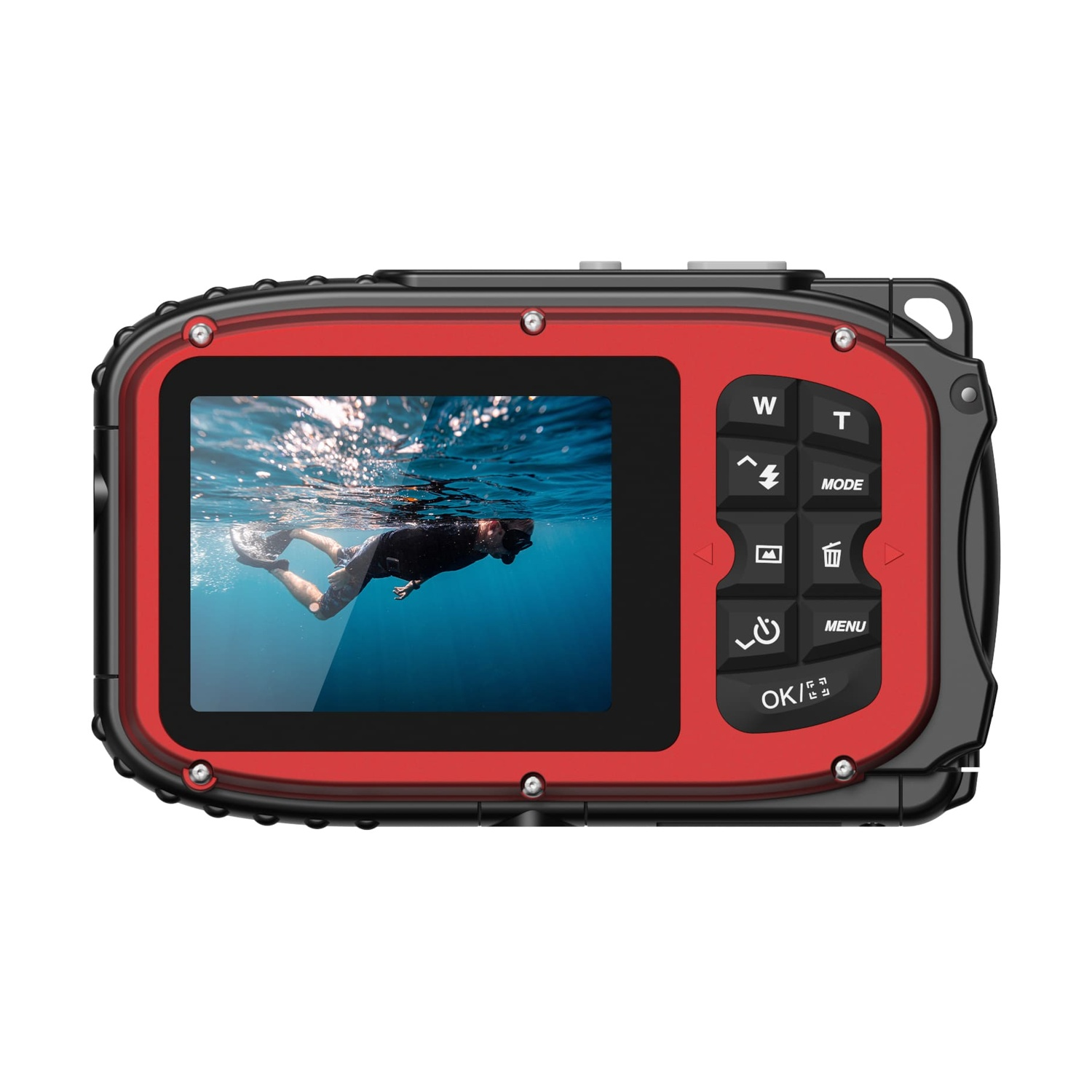 Fotocamera rossa impermeabile con schermo che mostra un nuotatore sott'acqua.