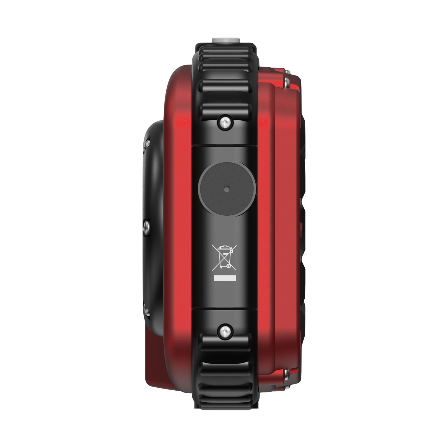 Fotocamera rossa e nera con rotelle zigrinate e simboli