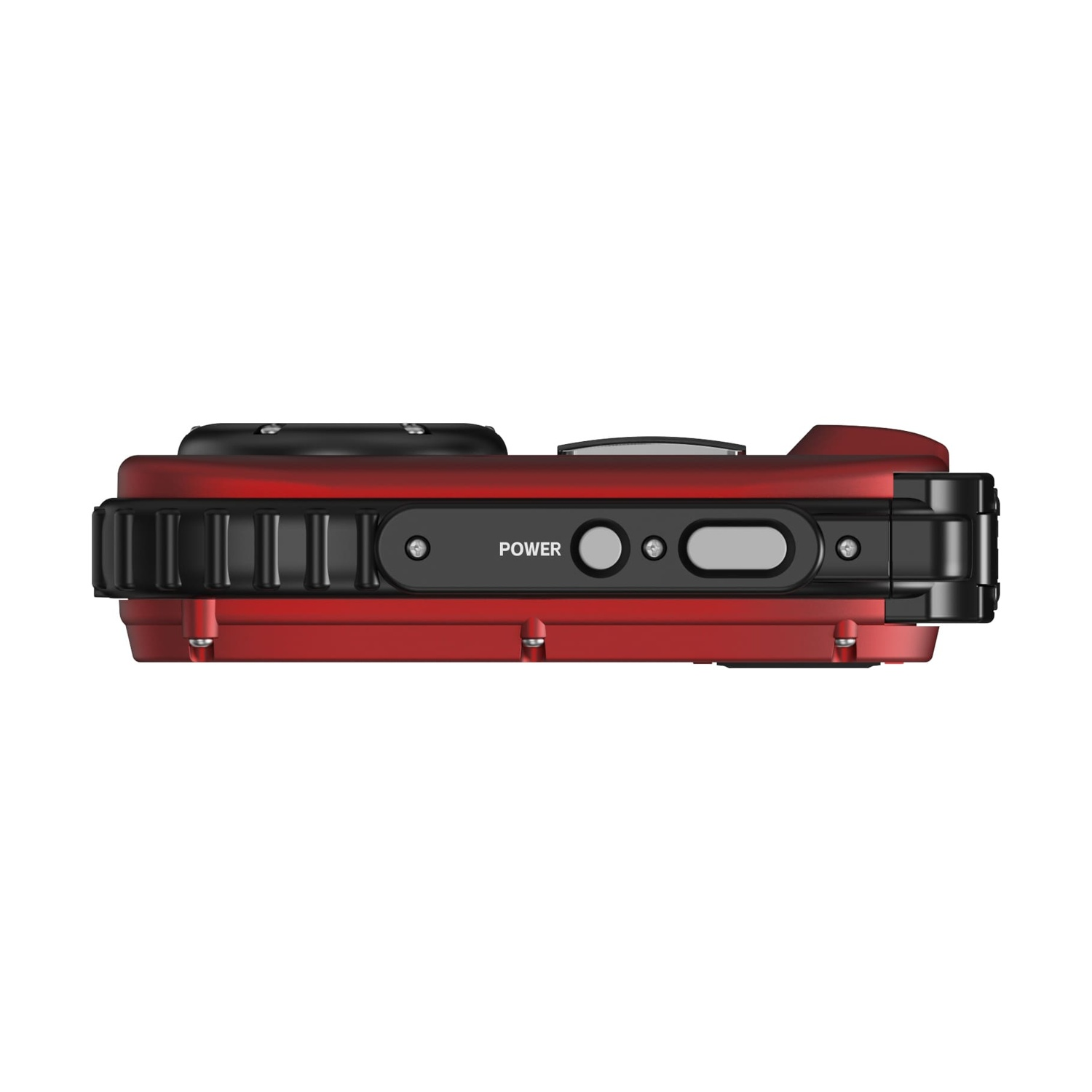 Fotocamera rossa con accenti neri, vista laterale con pulsante di accensione e altri controlli.