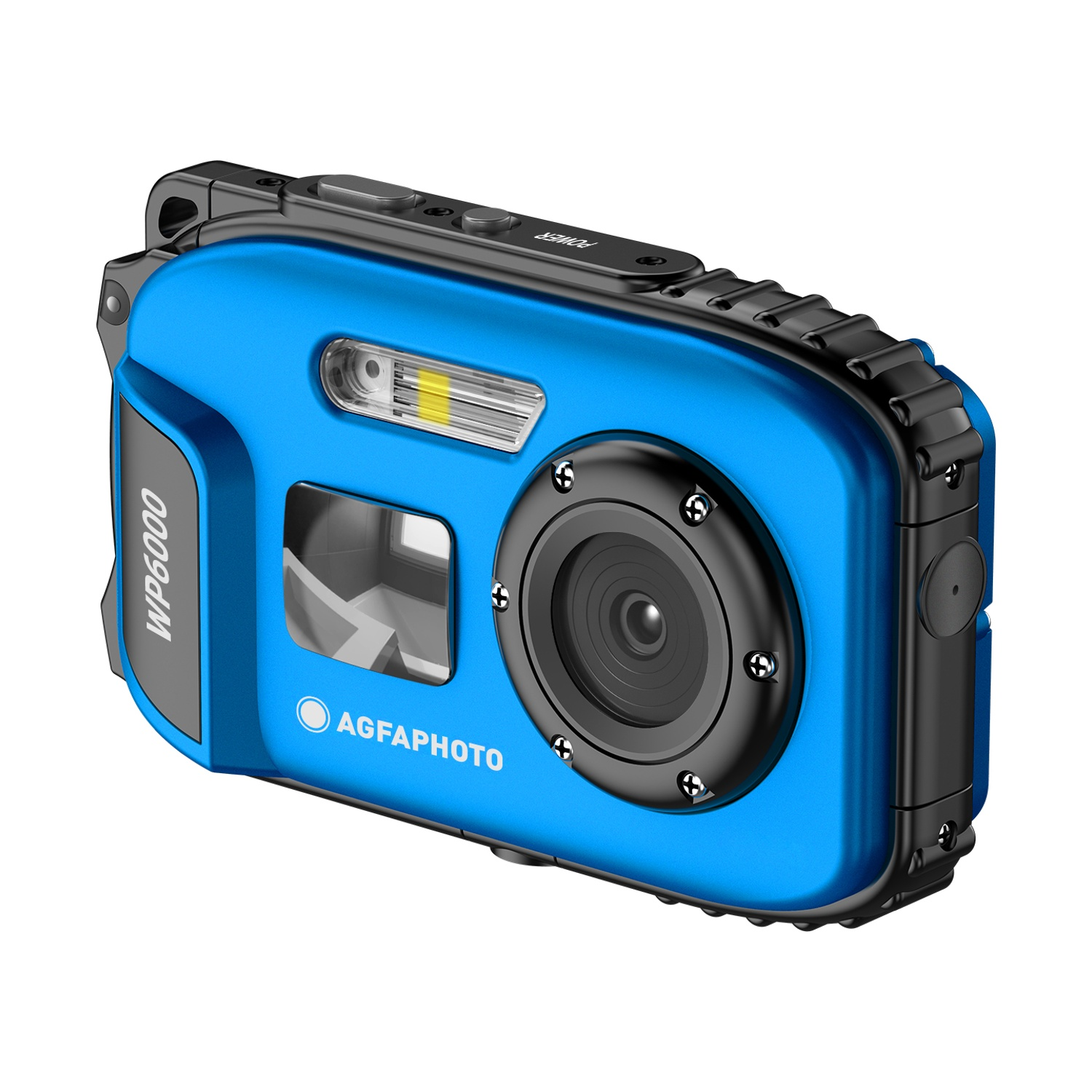Una fotocamera digitale blu e impermeabile con custodia e obiettivo neri.