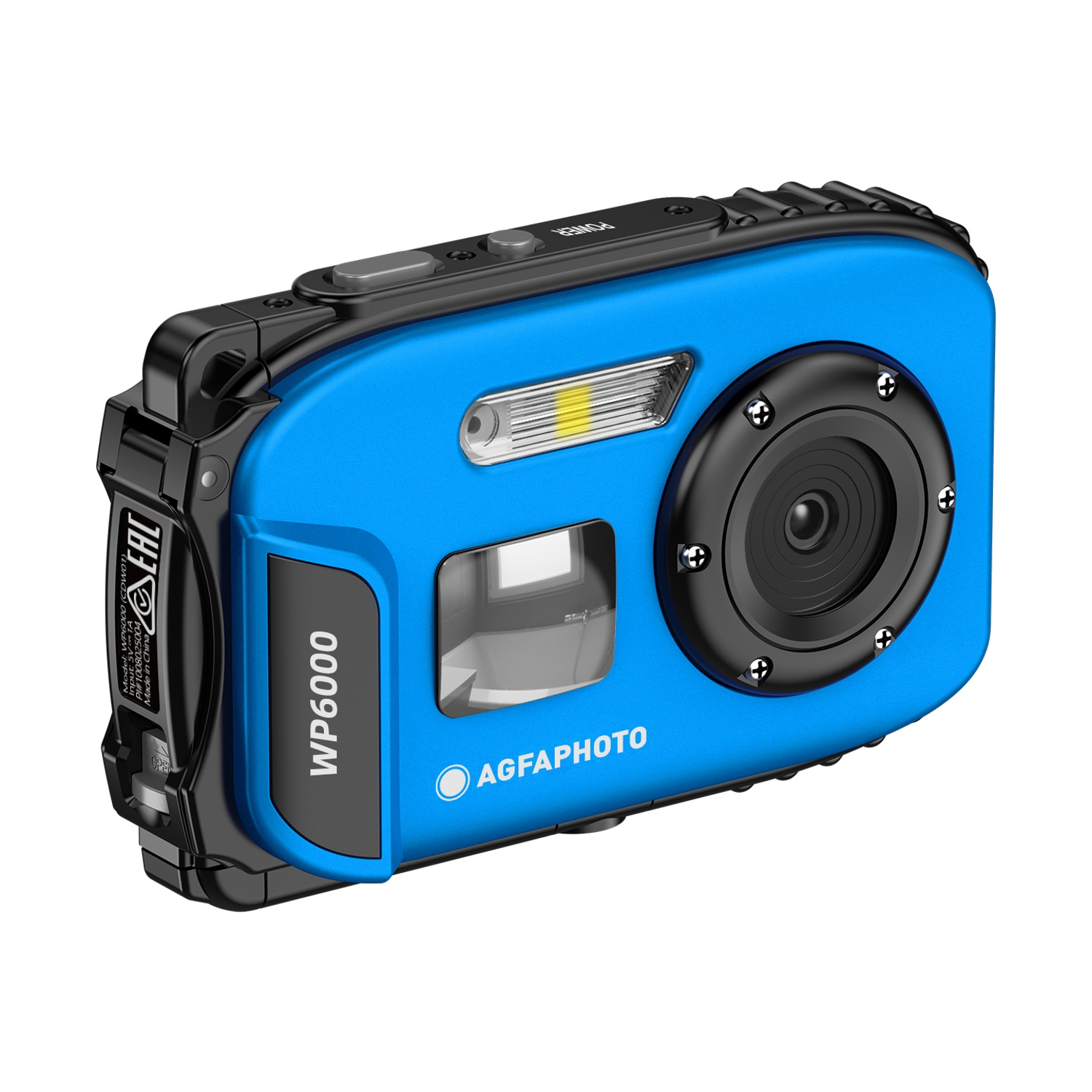 Una fotocamera digitale AGFAPHOTO WP6000 blu con custodia e obiettivo neri.