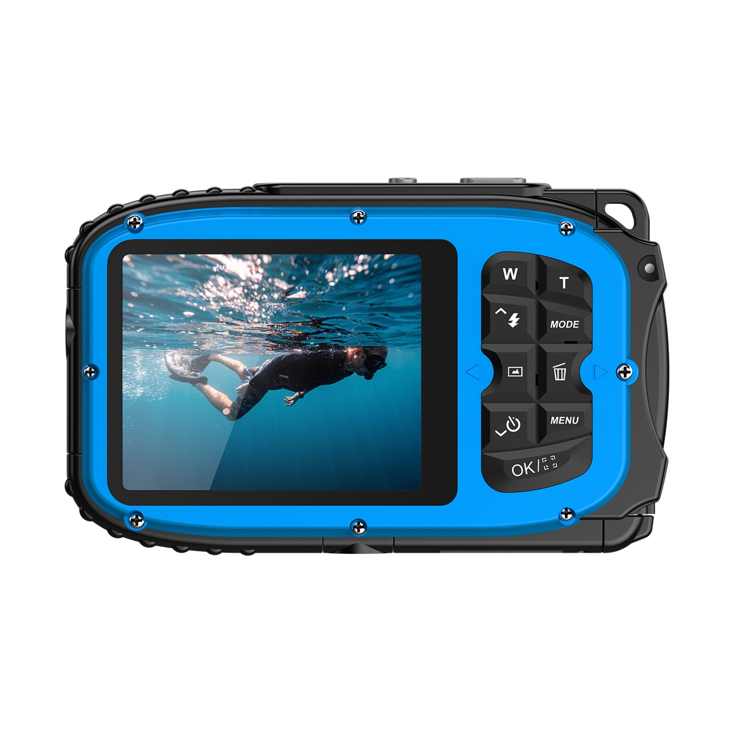 Fotocamera subacquea blu mostra un subacqueo in mare sul suo schermo.