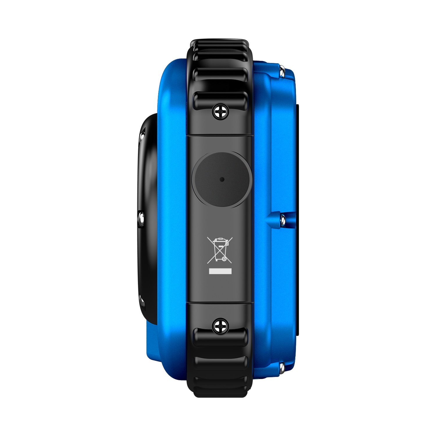 Un alloggiamento per fotocamera subacqueo blu con zigrinatura e viti nere.