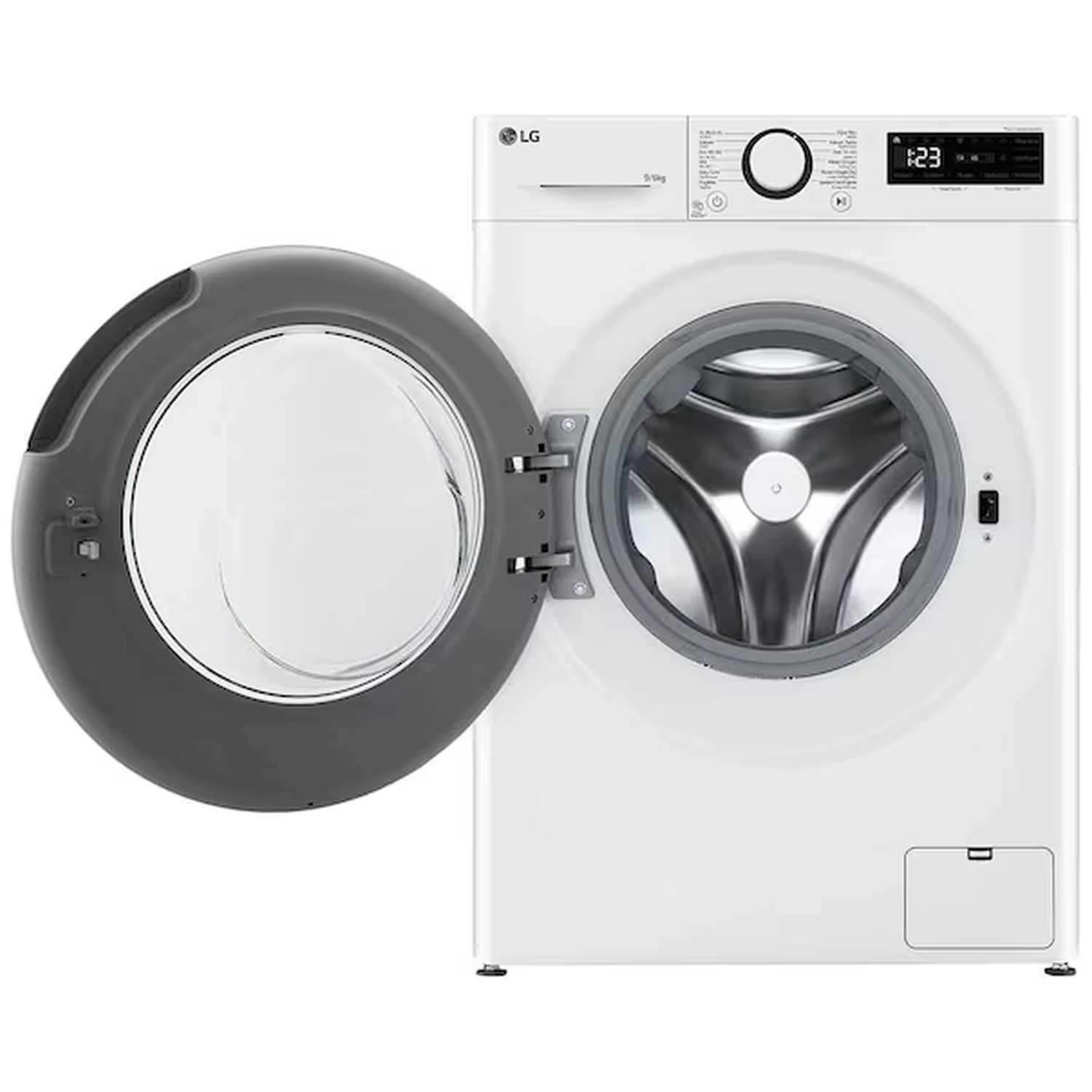 Witte LG wasmachine met open grijze deur en trommel.