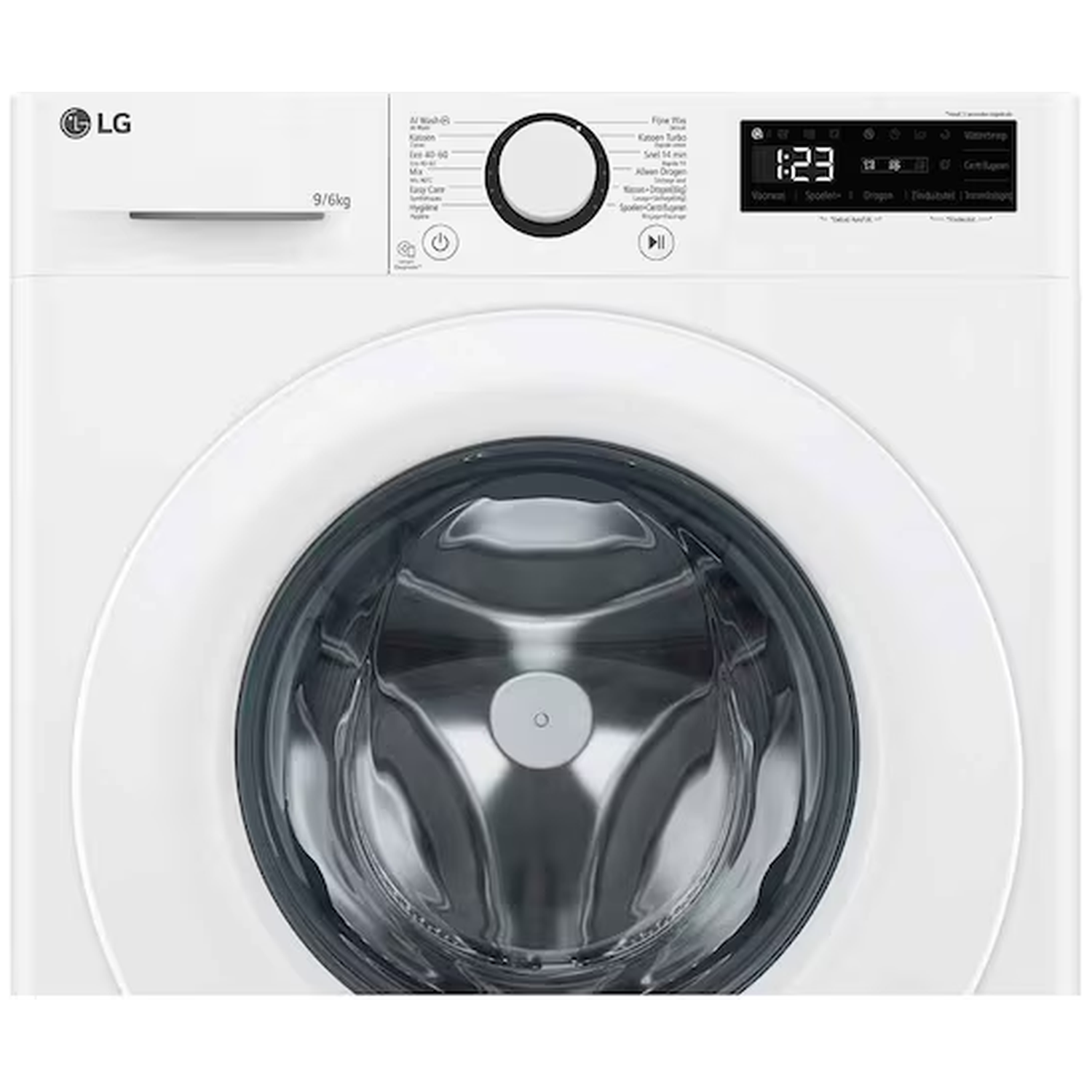 Witte LG wasmachine met digitaal display en ronde deur.