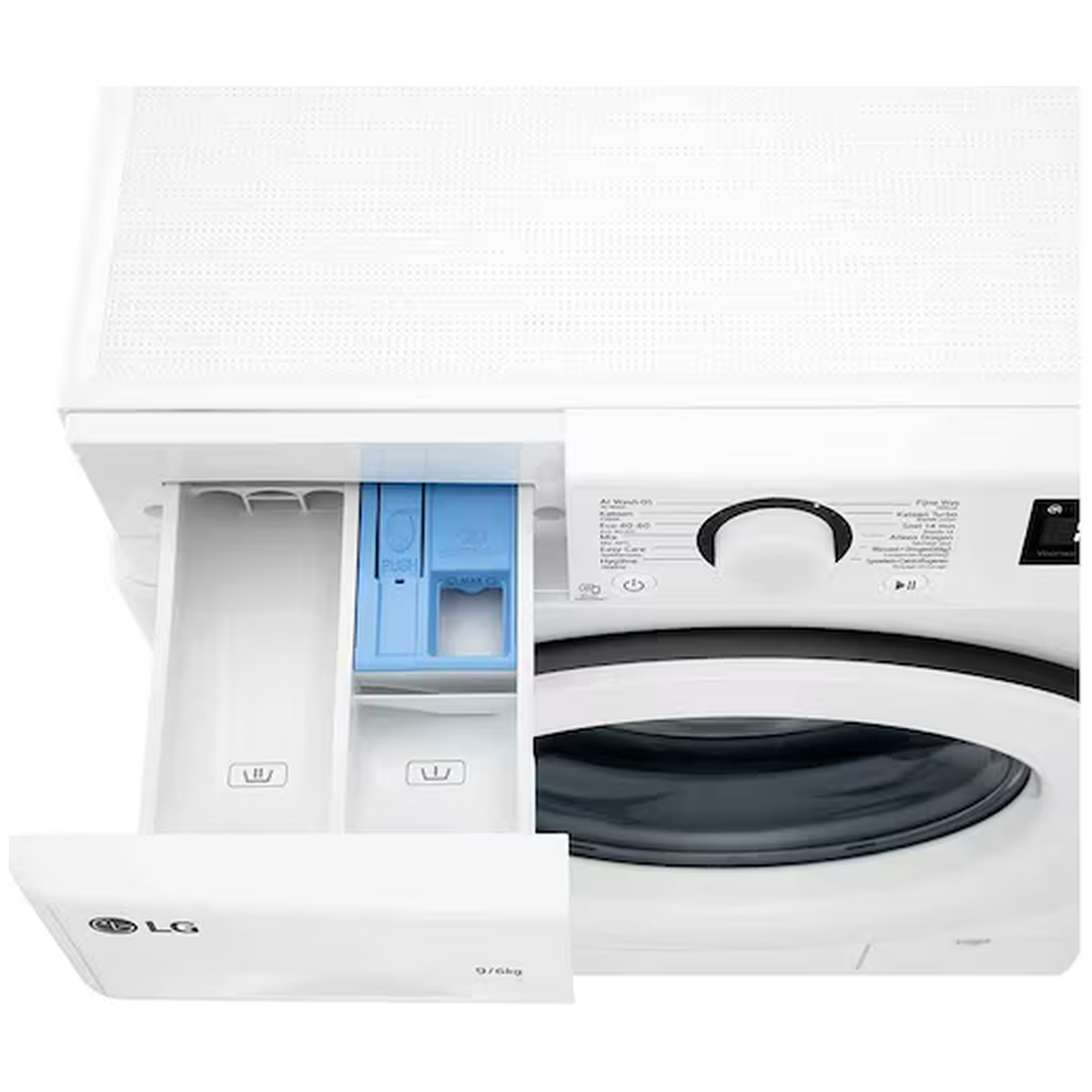 Witte LG wasmachine met open wasmiddellade en zichtbare trommel.