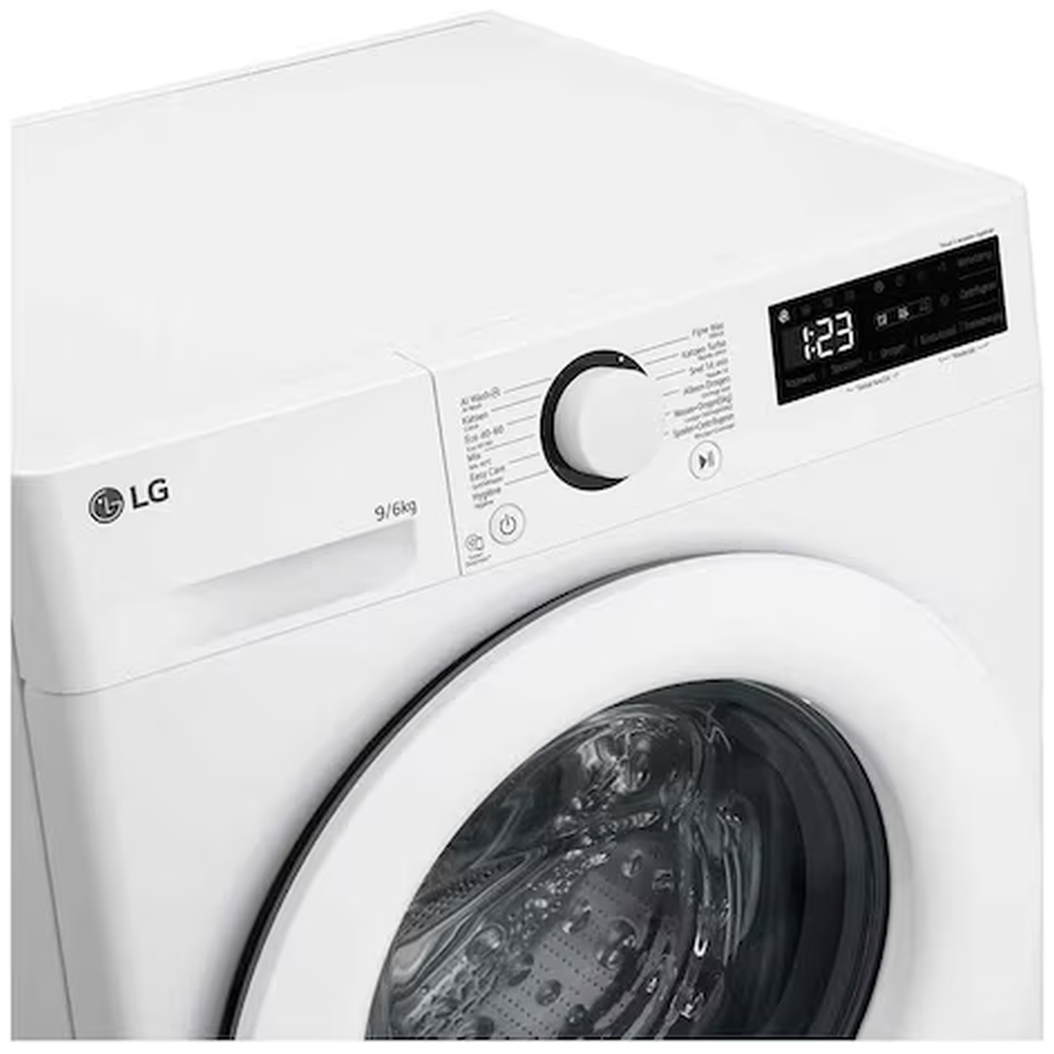 Een witte LG wasmachine met een digitaal display en een regelknop.