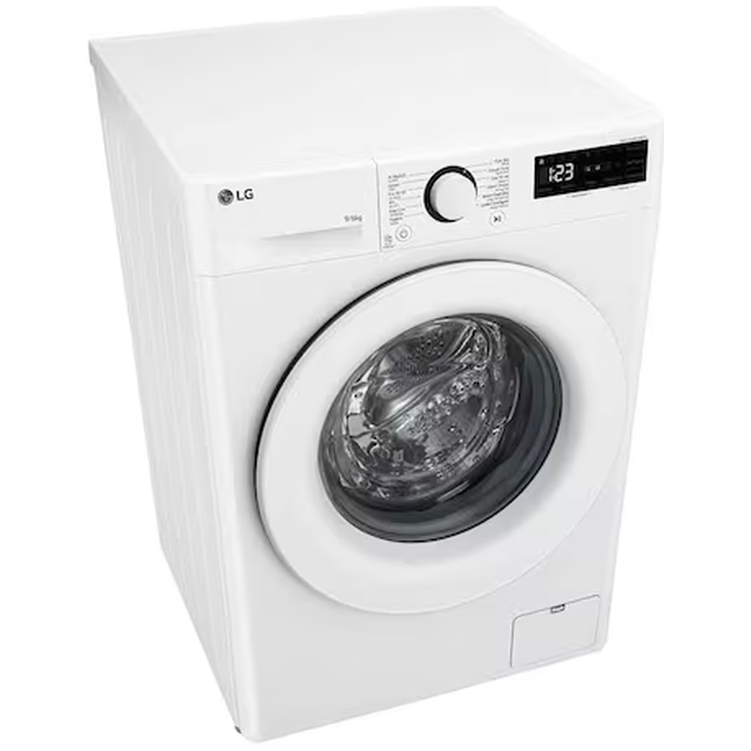Een witte LG voorlader wasmachine met digitaal display.