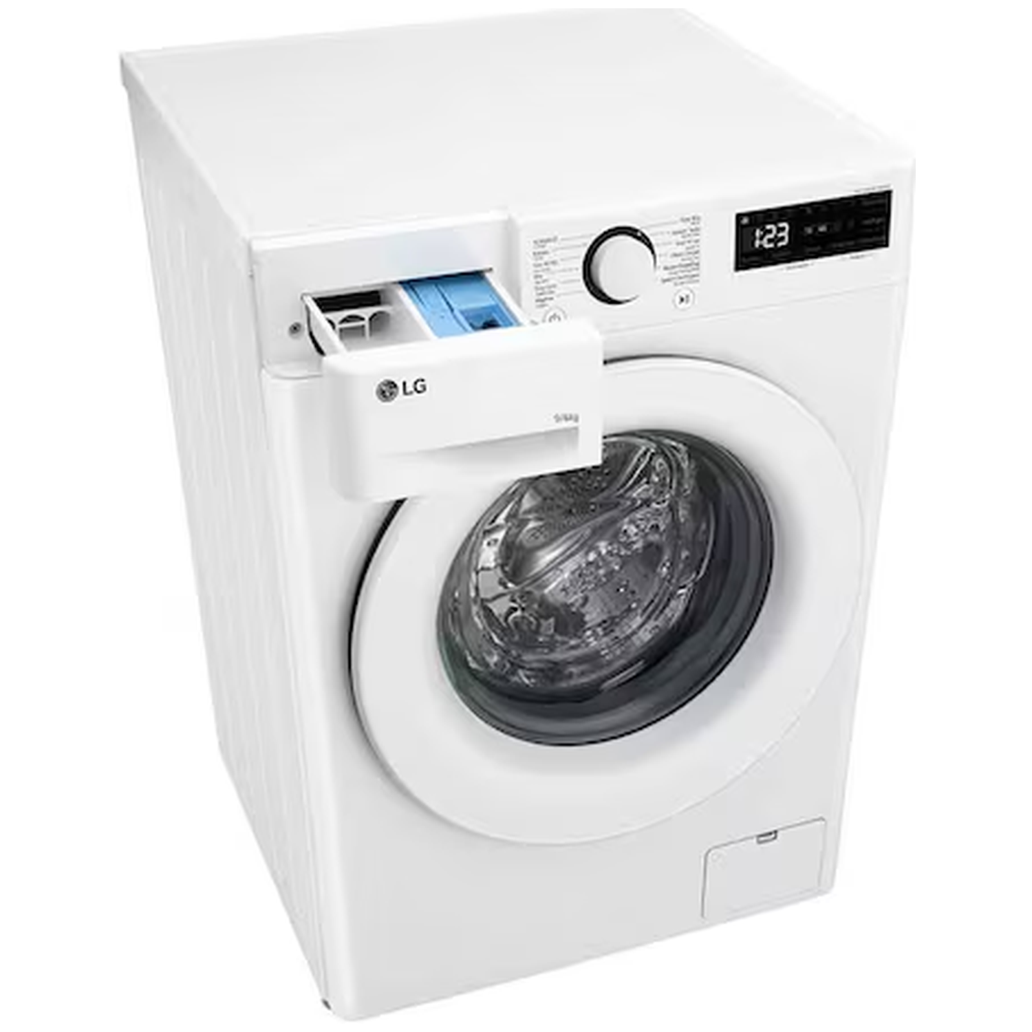 Witte LG wasmachine met open wasmiddellade en digitaal display.