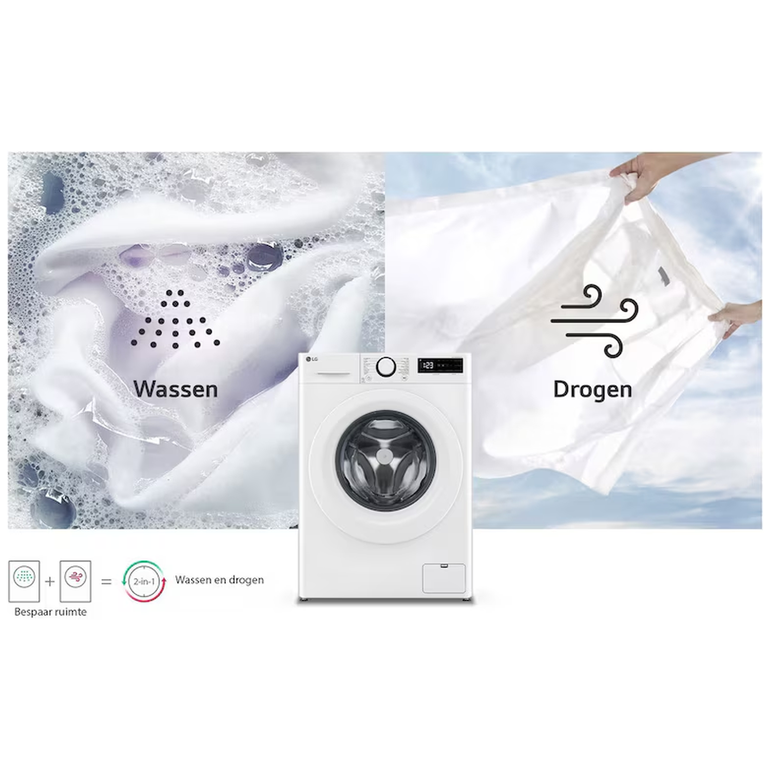 Wasmachine volledig scherm opgedeeld in wassen en drogen.