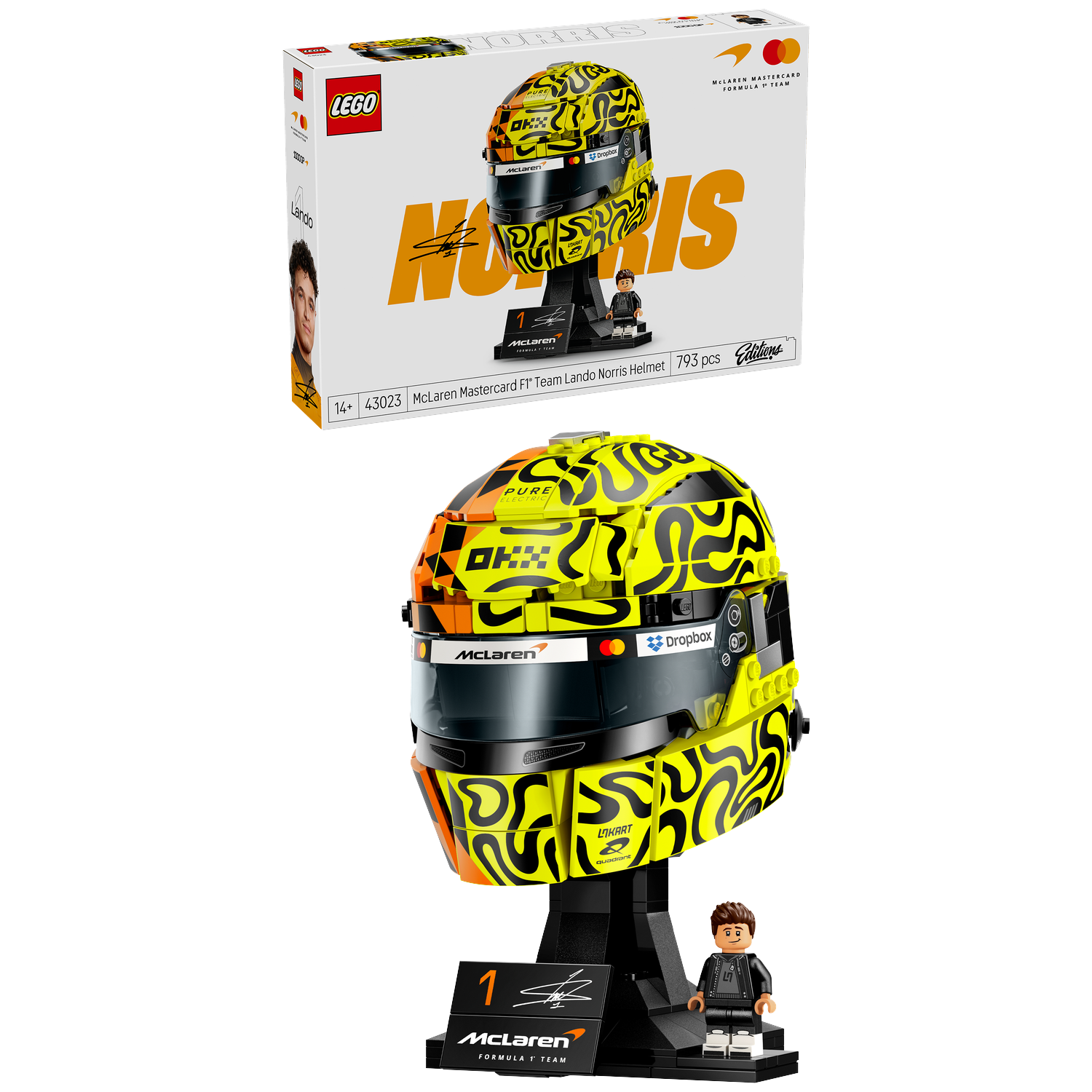 LEGO McLaren helm met Lando Norris figuur en doos. Geel en zwart.
