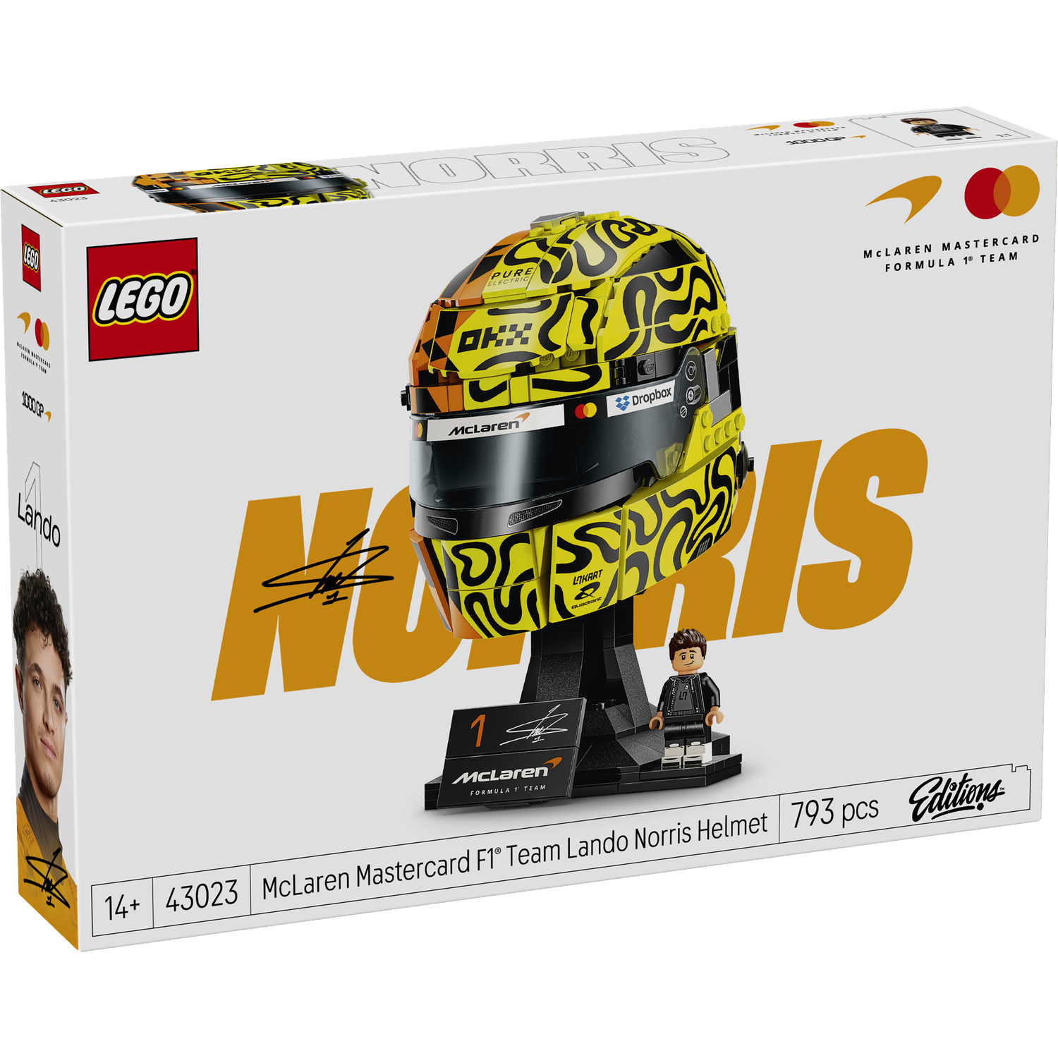 LEGO McLaren Lando Norris Helm doos met helm, minifiguur en portret van Lando Norris.